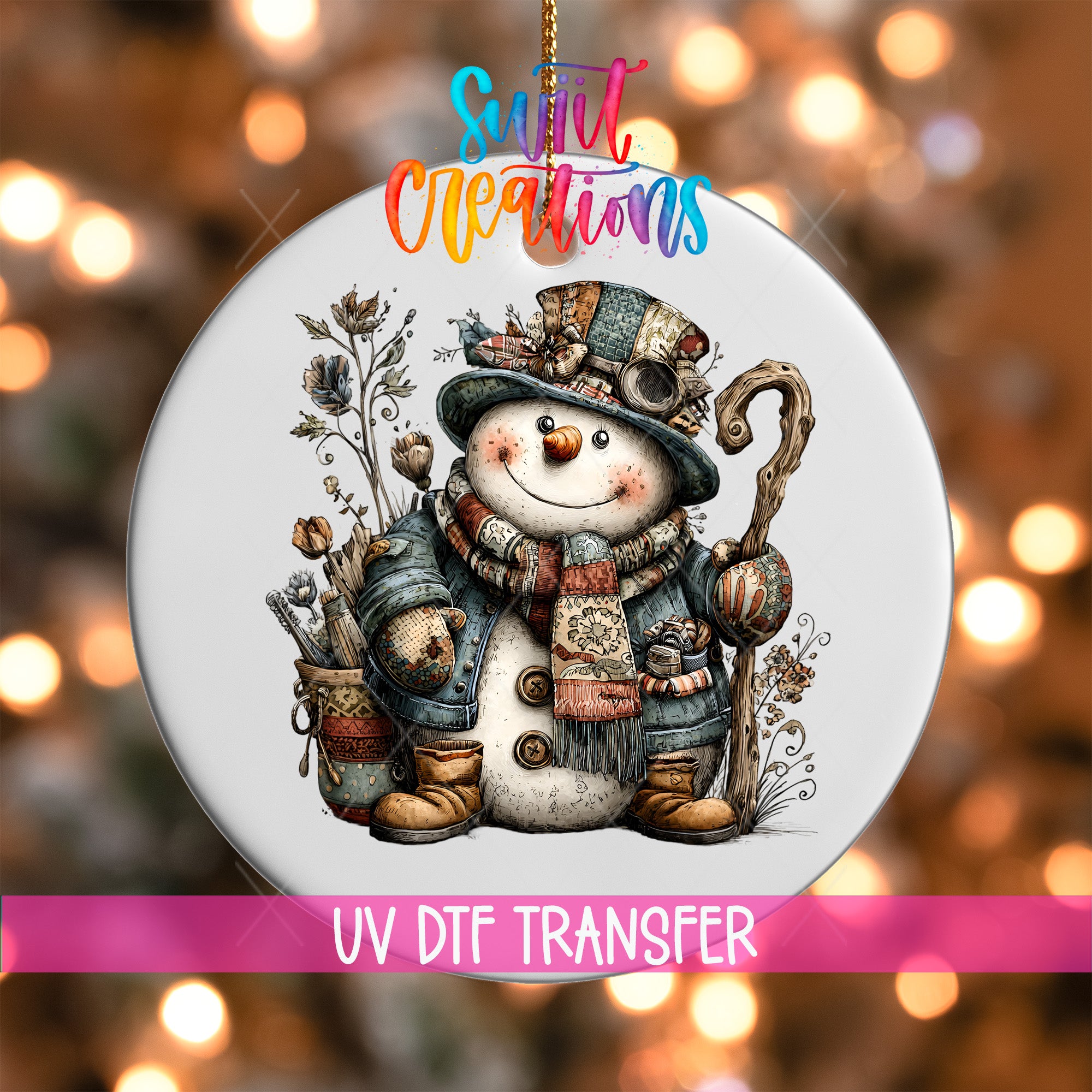A snowman ornament with a hat, scarf, and other accessories, set against a blurred background with colorful lights.