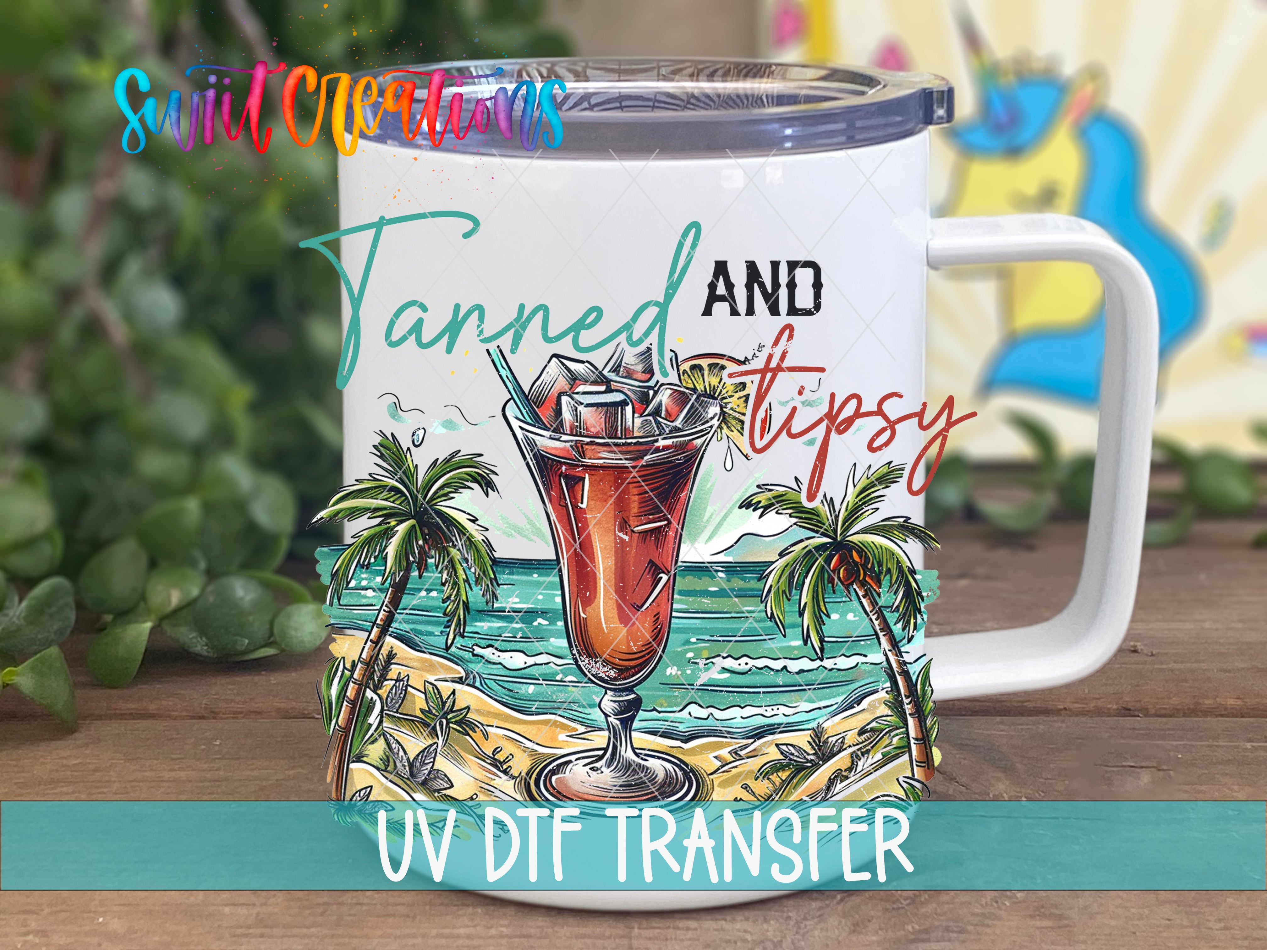 Swiit Creations UV DTF Tanned And Tipsy Beach Cocktail transfer displayed on a white coffee mug