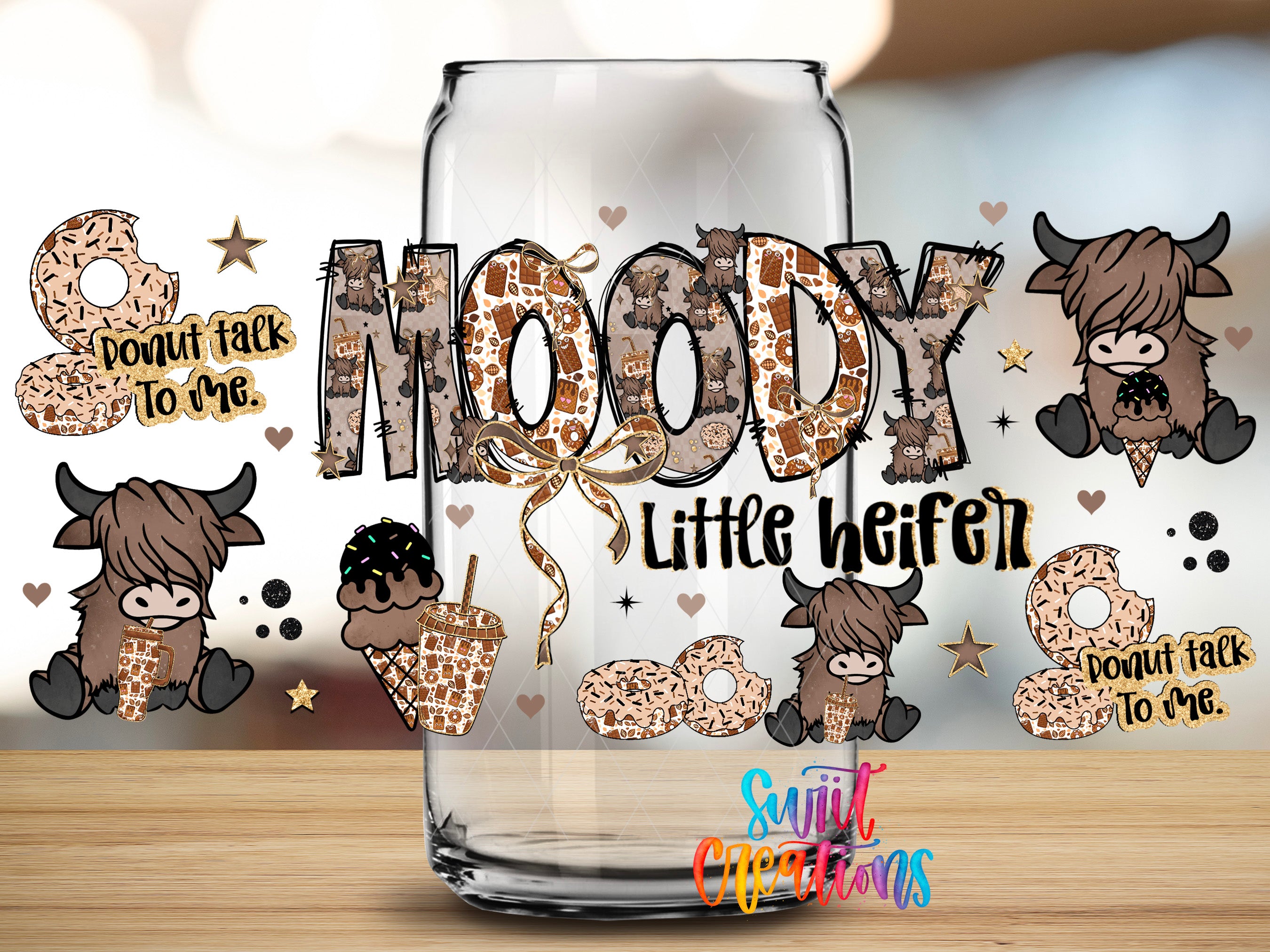 a glass jar with the word "MODY" written on it, surrounded by various cartoon animal characters and donuts.