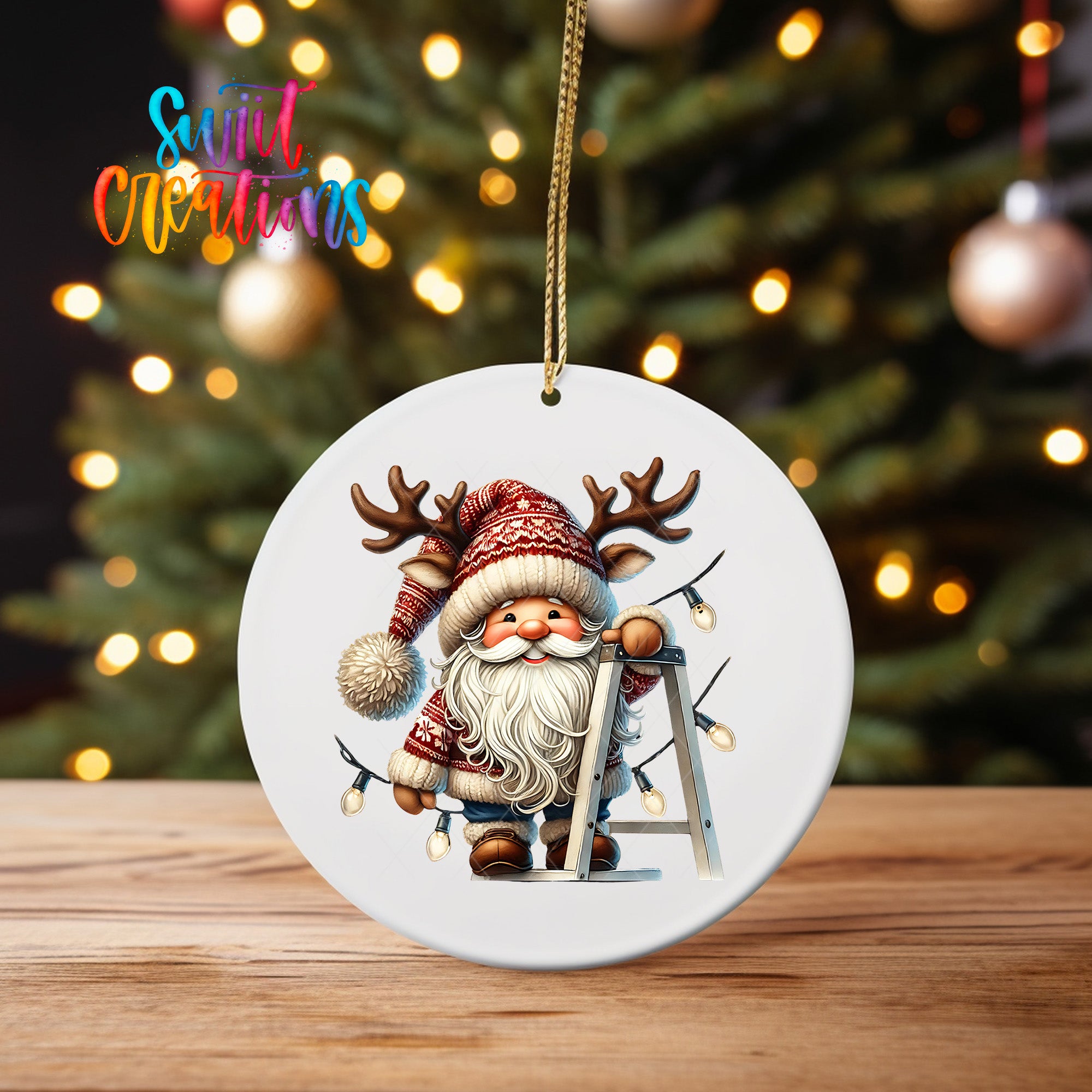 A white ornament featuring a Santa Claus figure with antlers and a ladder, set against a blurred background of Christmas lights.