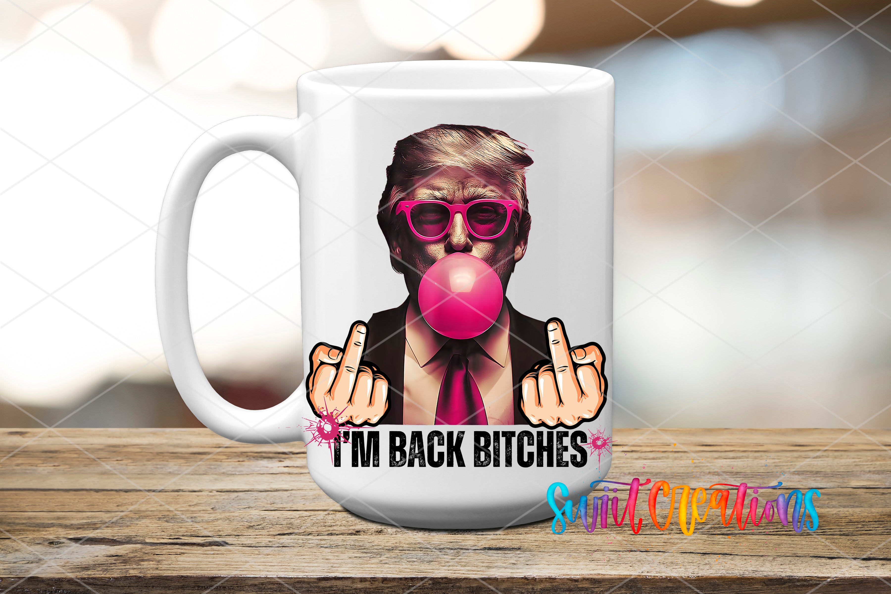 A white ceramic mug with a graphic design featuring a man wearing sunglasses and blowing a bubble with his fingers, accompanied by the text "I'M BACK BITCHES"