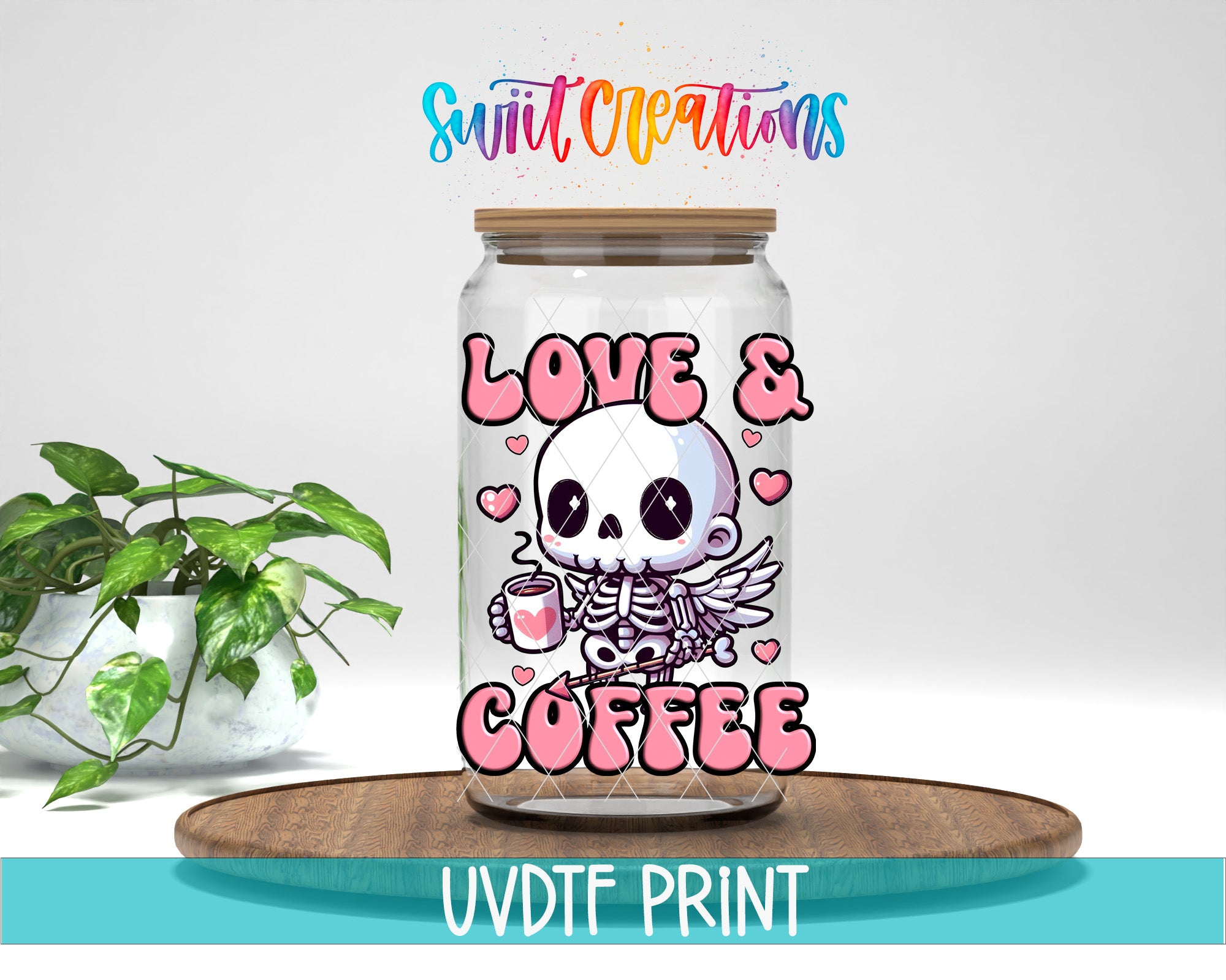 a jar with a skeleton on it sitting on a table next to a potted