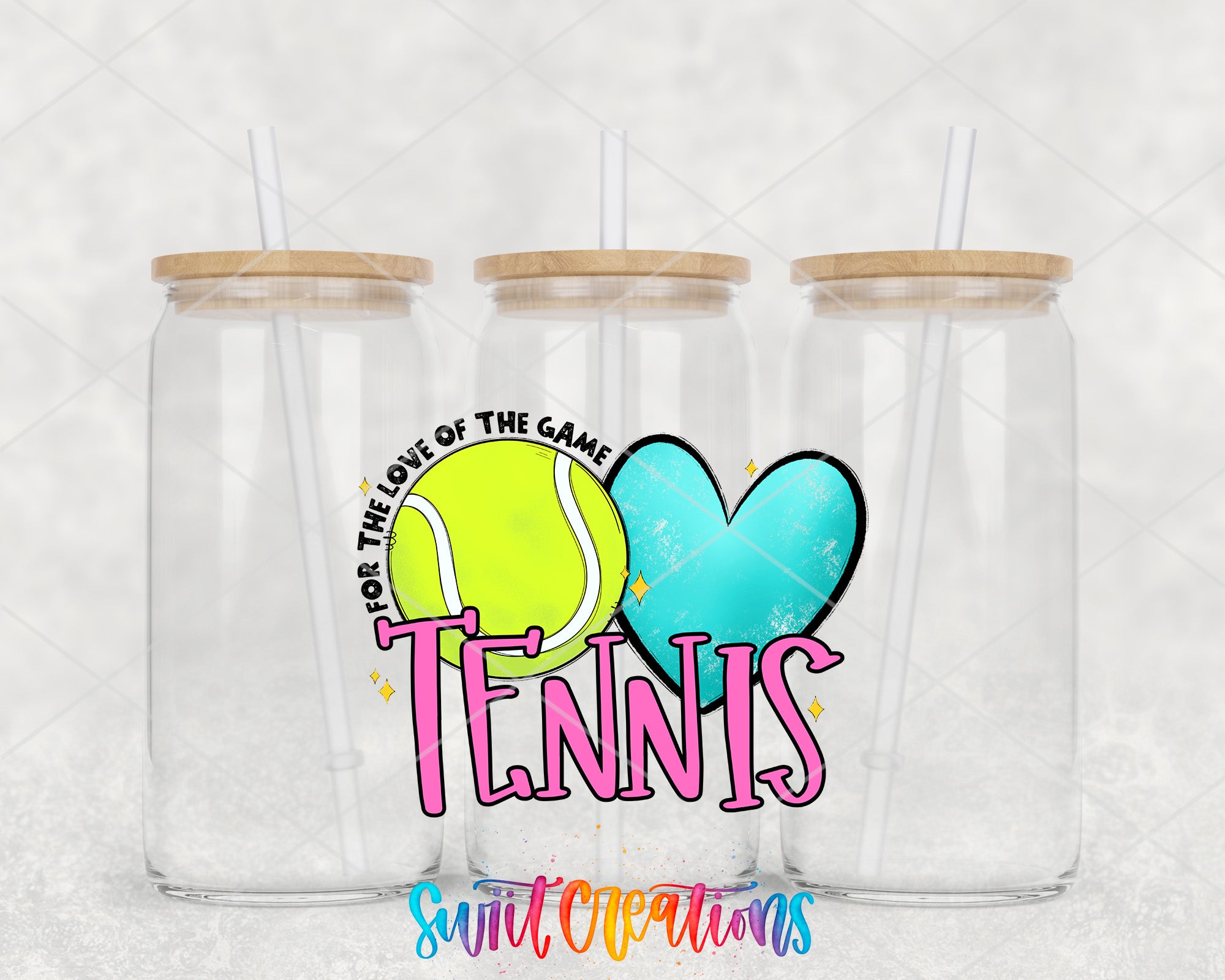 three clear glass jars with wooden lids, each with a straw, arranged in a row. The jars are labeled "Tennis" in a stylized font, and there is a heart-shaped design with a tennis ball and a tennis racket.