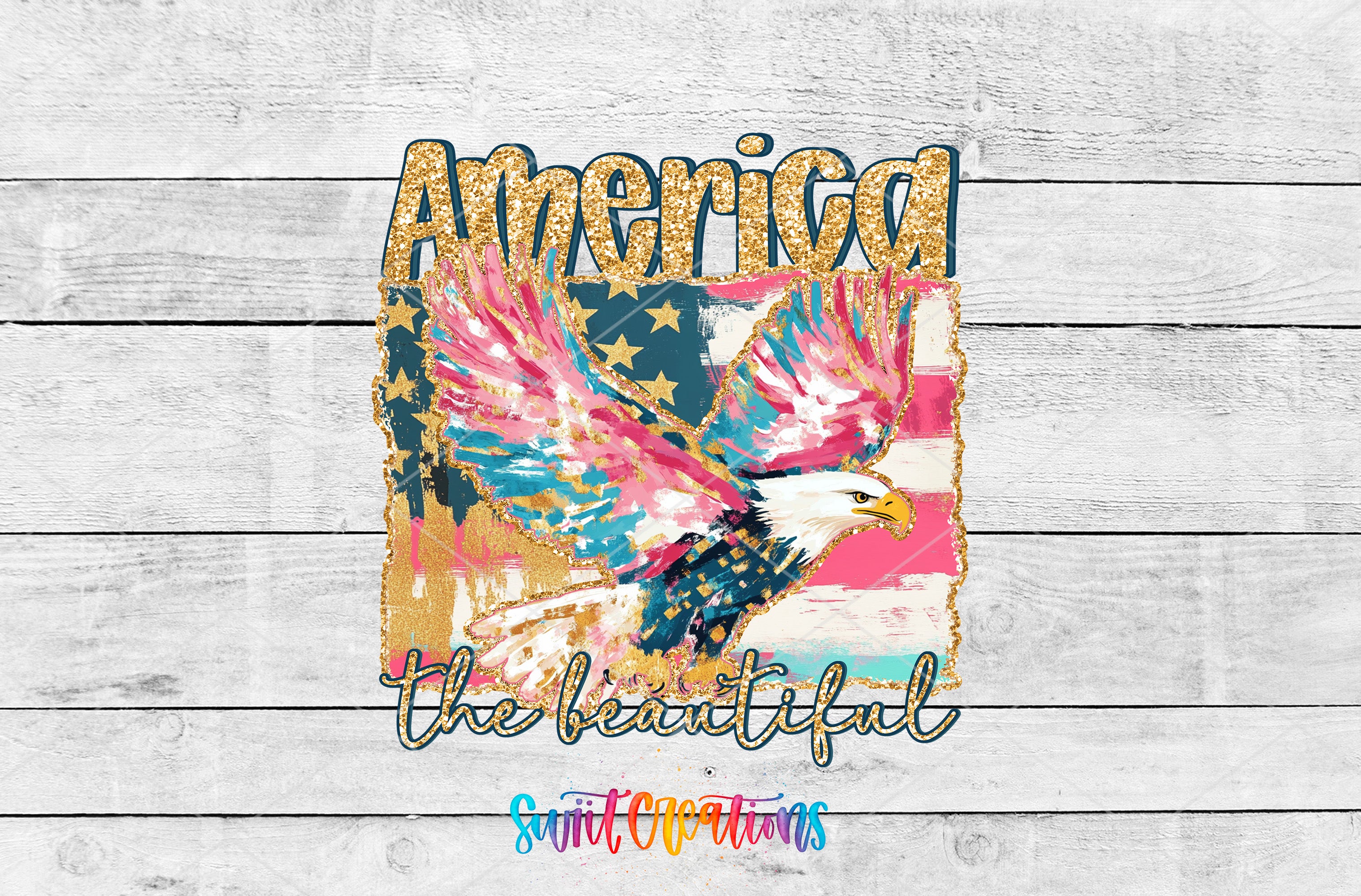 a colorful eagle in flight, with the word "America" written above it.