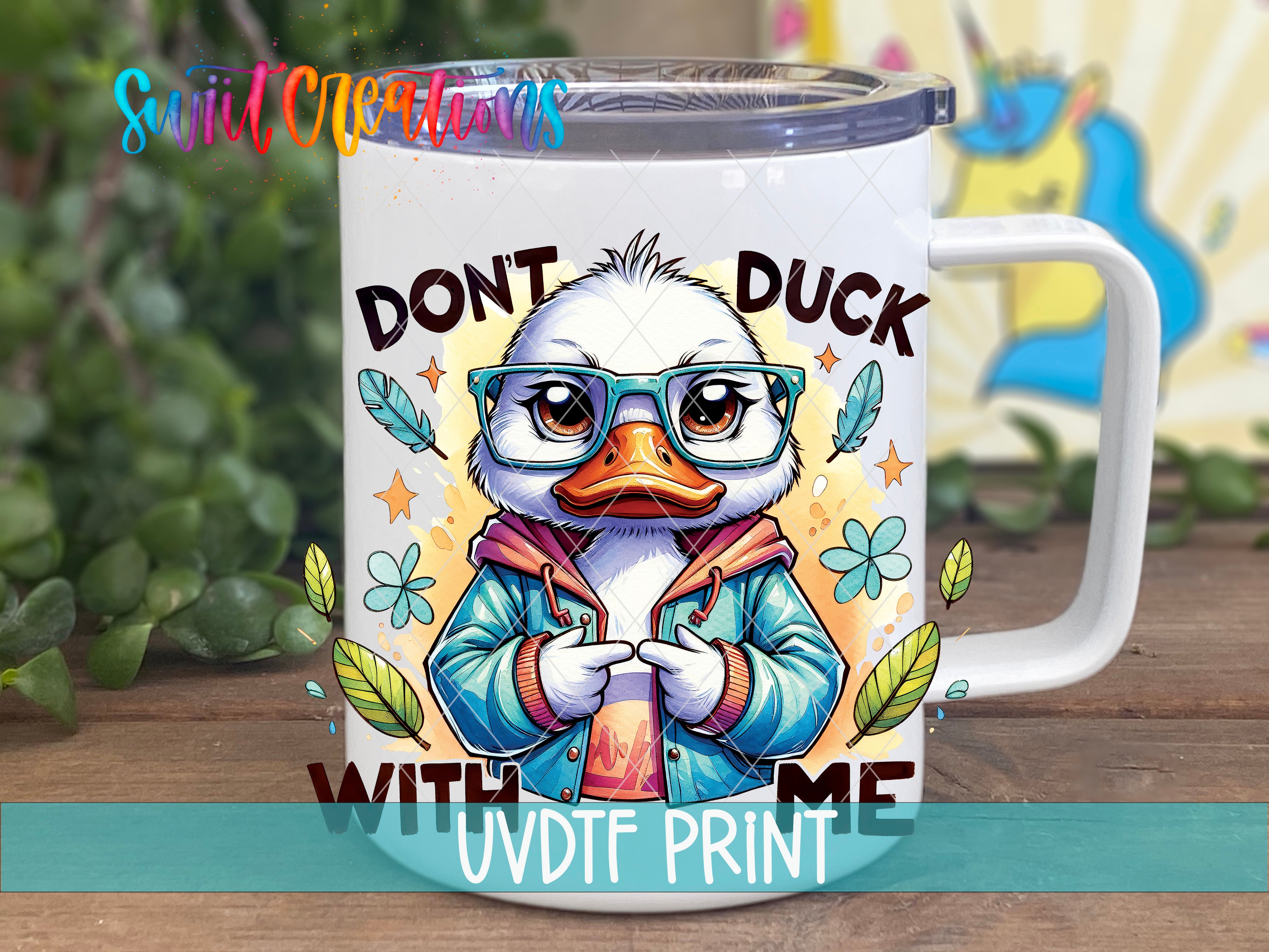 a white coffee mug with an image of a duck wearing glasses