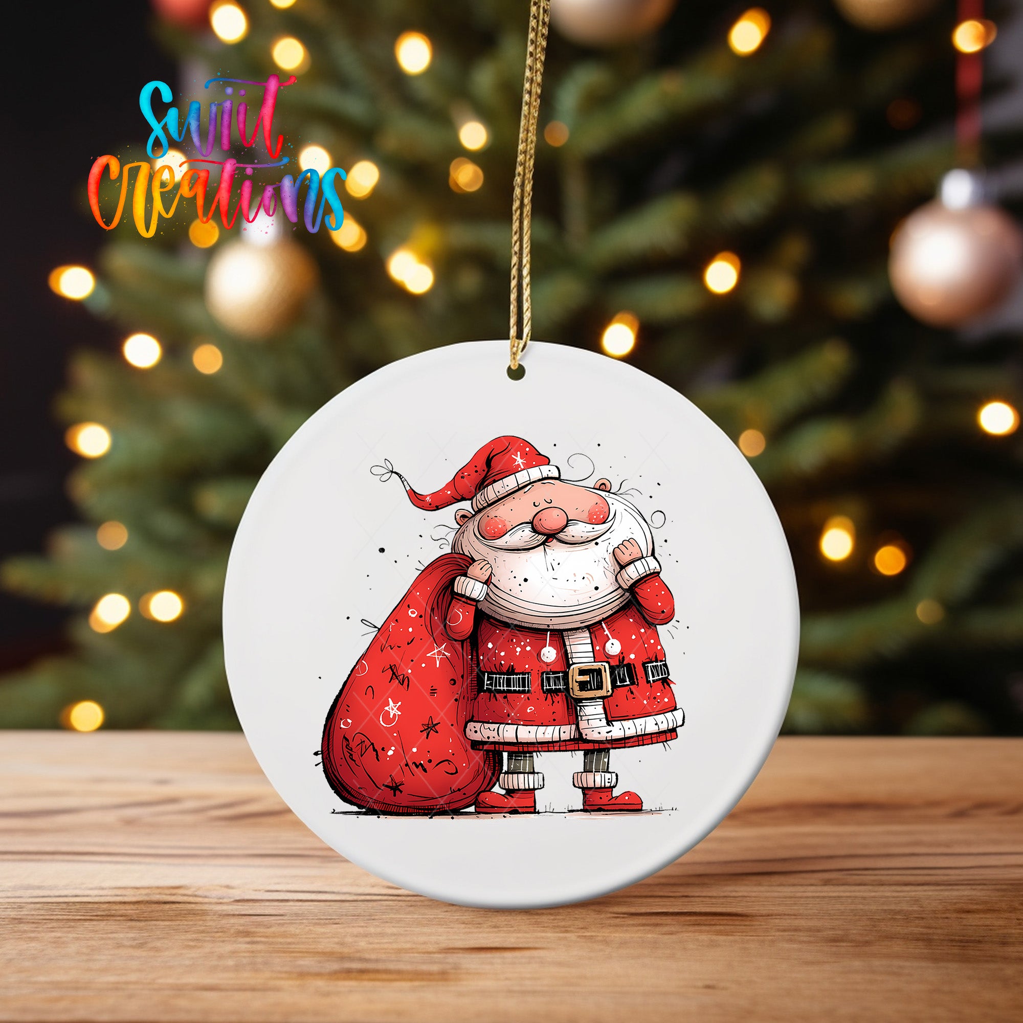 A white oval ornament featuring a cartoon illustration of Santa Claus holding a sack of presents, with a background of twinkling Christmas lights.
