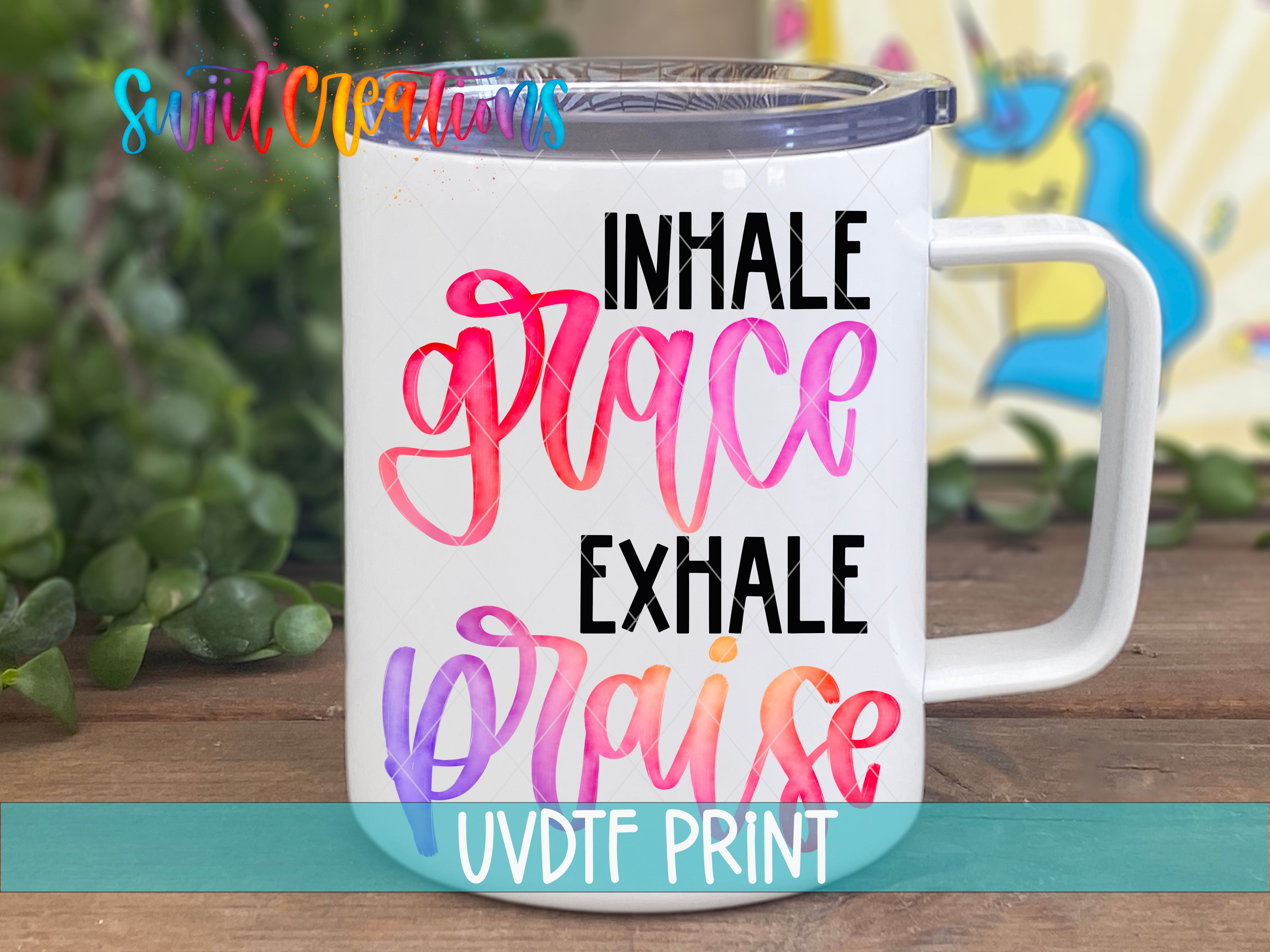 a white coffee mug with the words inhale grace, exhale surprise, and