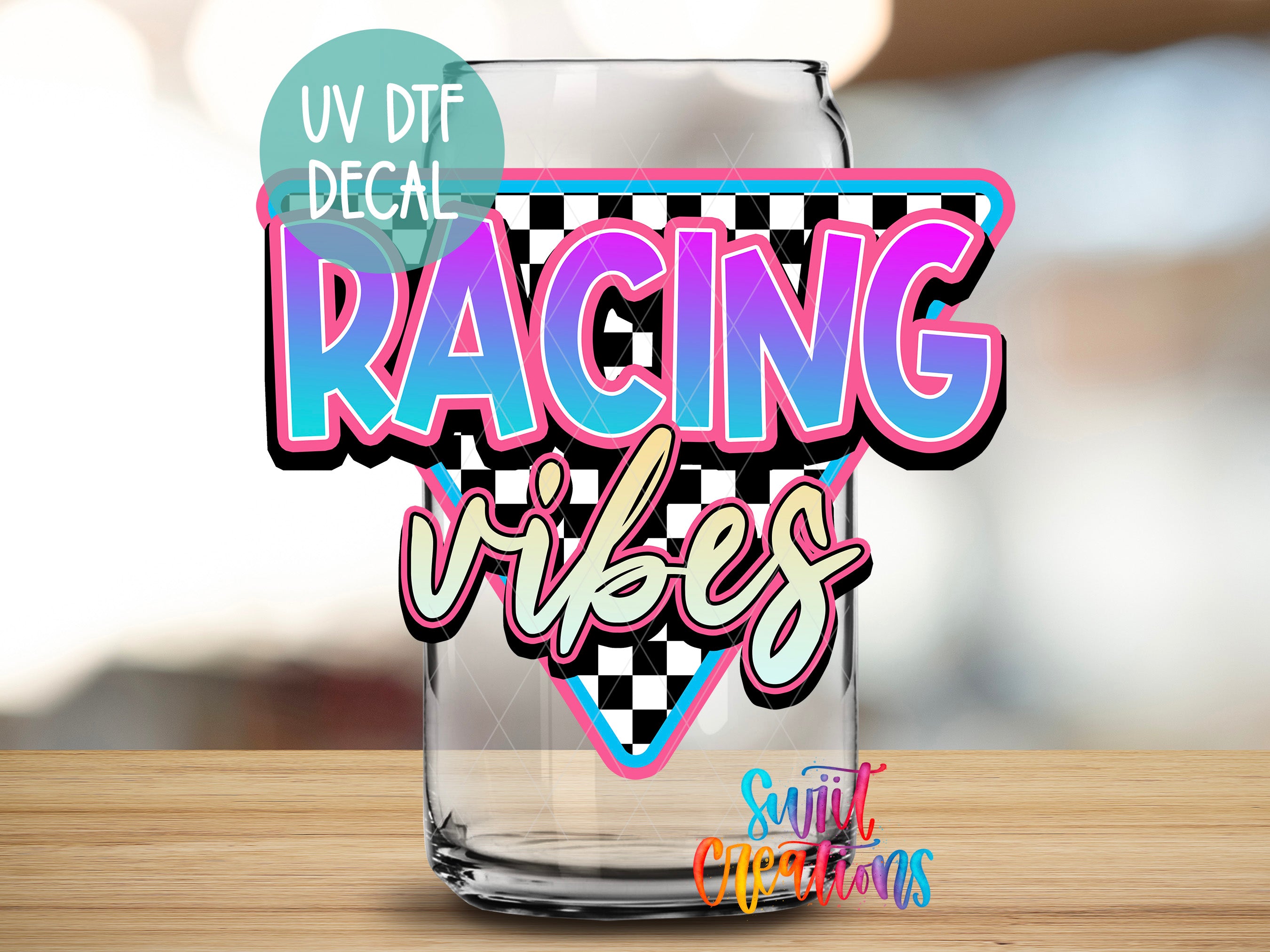 a glass jar with a colorful, retro-style decal that says "RACING vibes" in bold, stylized text.
