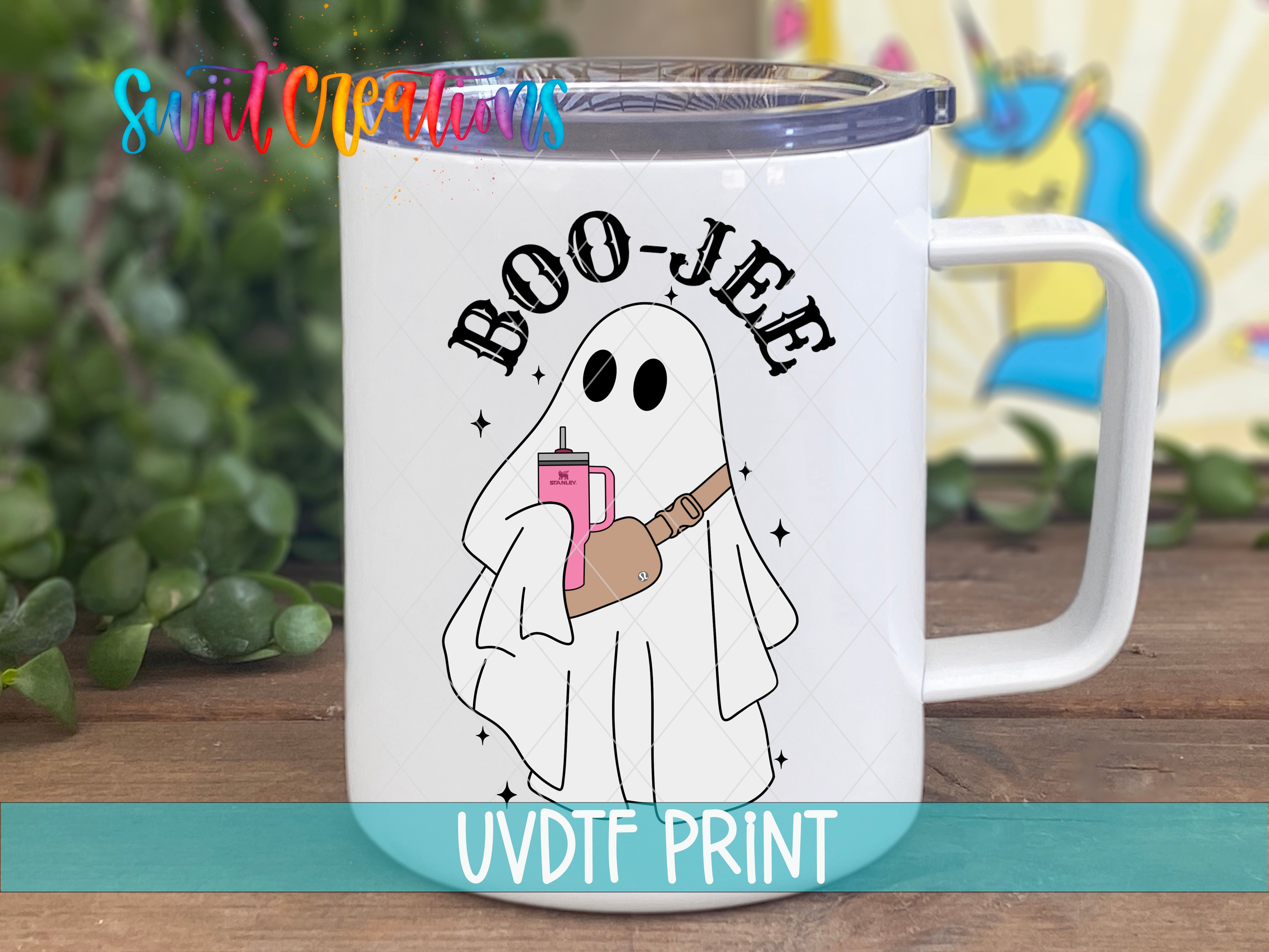 a white coffee mug with a ghost holding a drink