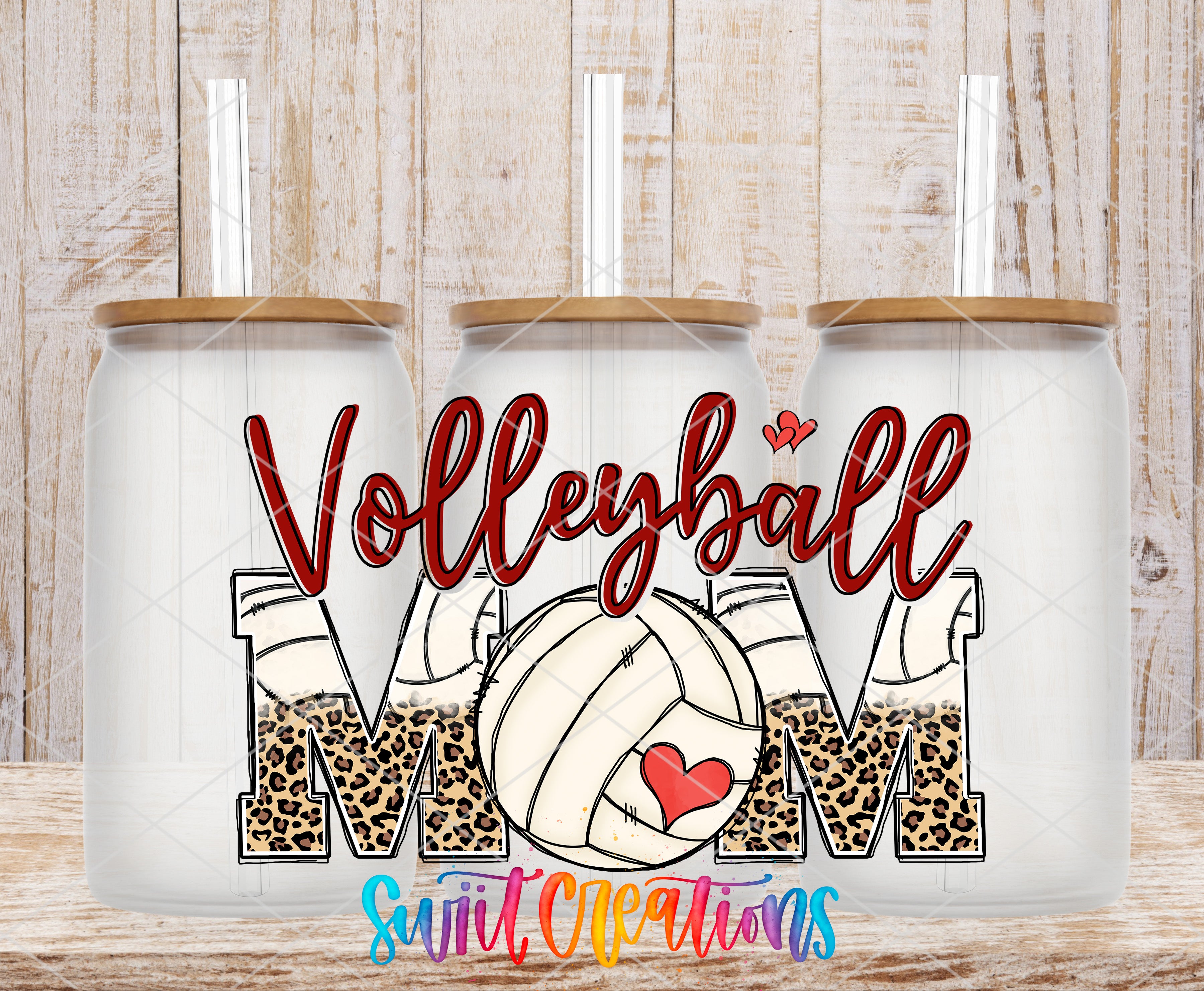 three glass tumblers with the text "Volleyball Mom" printed on them.