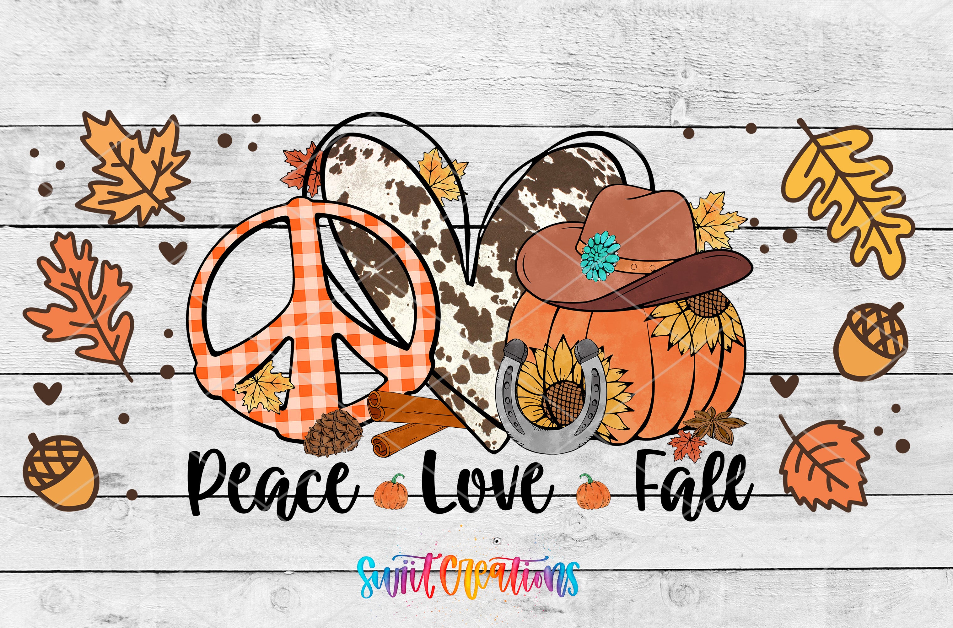 a peace love fall sign surrounded by fall leaves