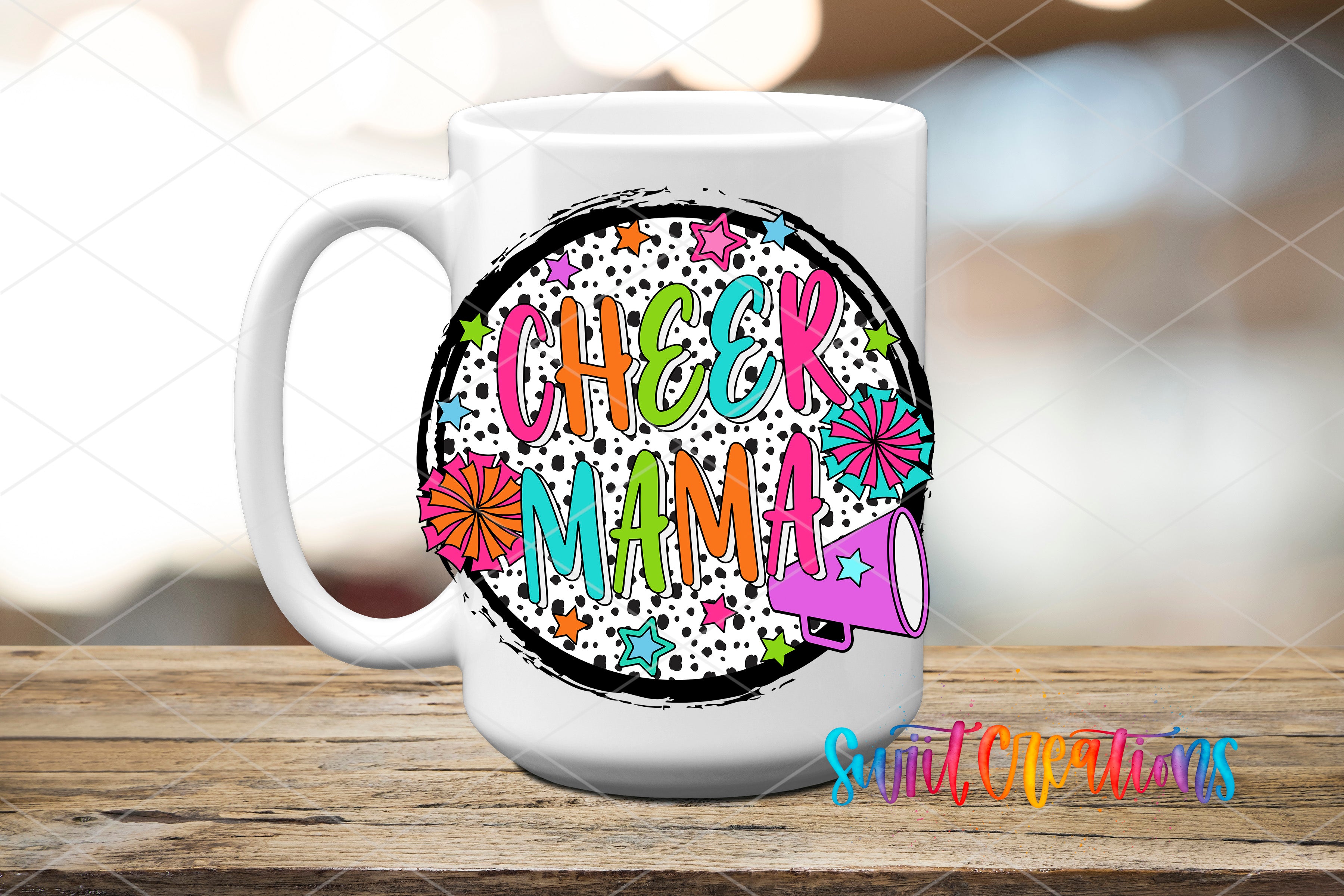 Swiit Creations UV DTF Colorful Proud Cheer Mama transfer applied to a white ceramic mug
