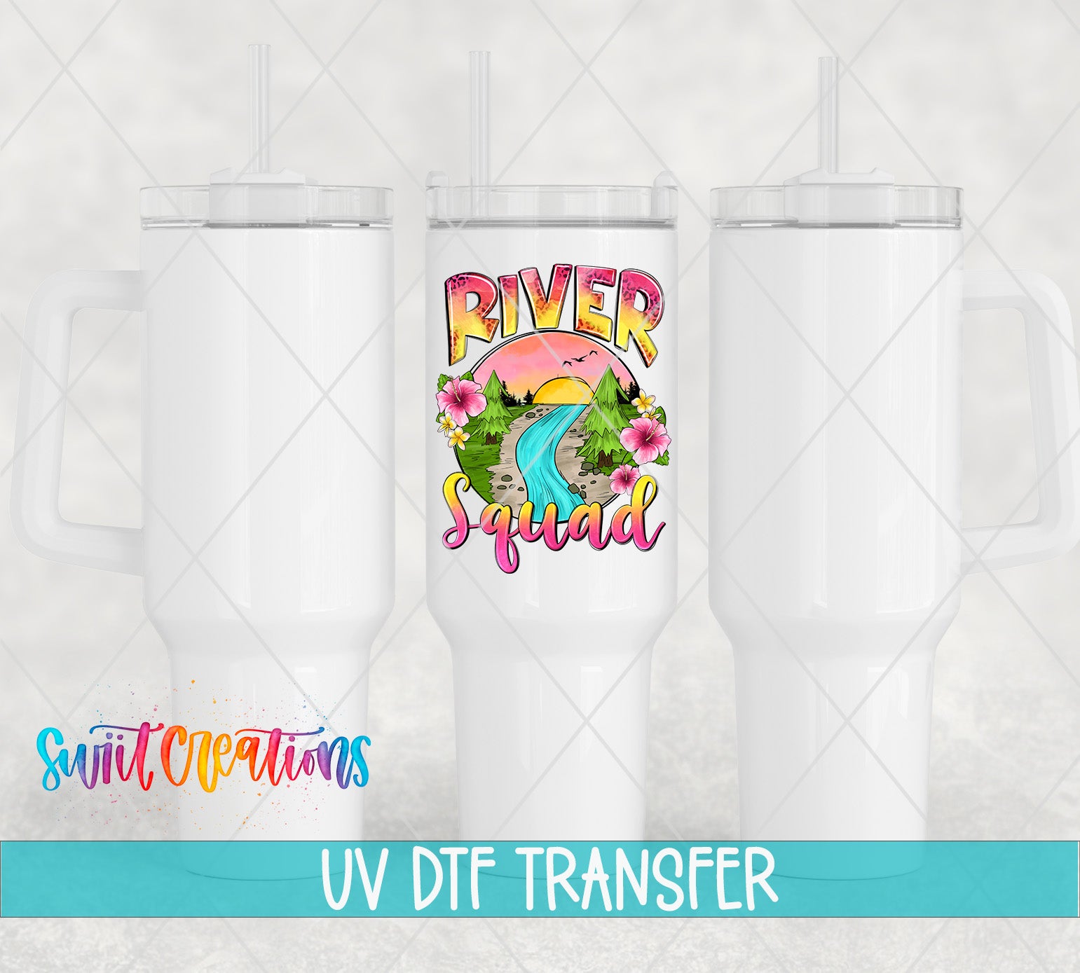 Swiit Creations UV DTF River Squad transfer shown on a white tumbler set