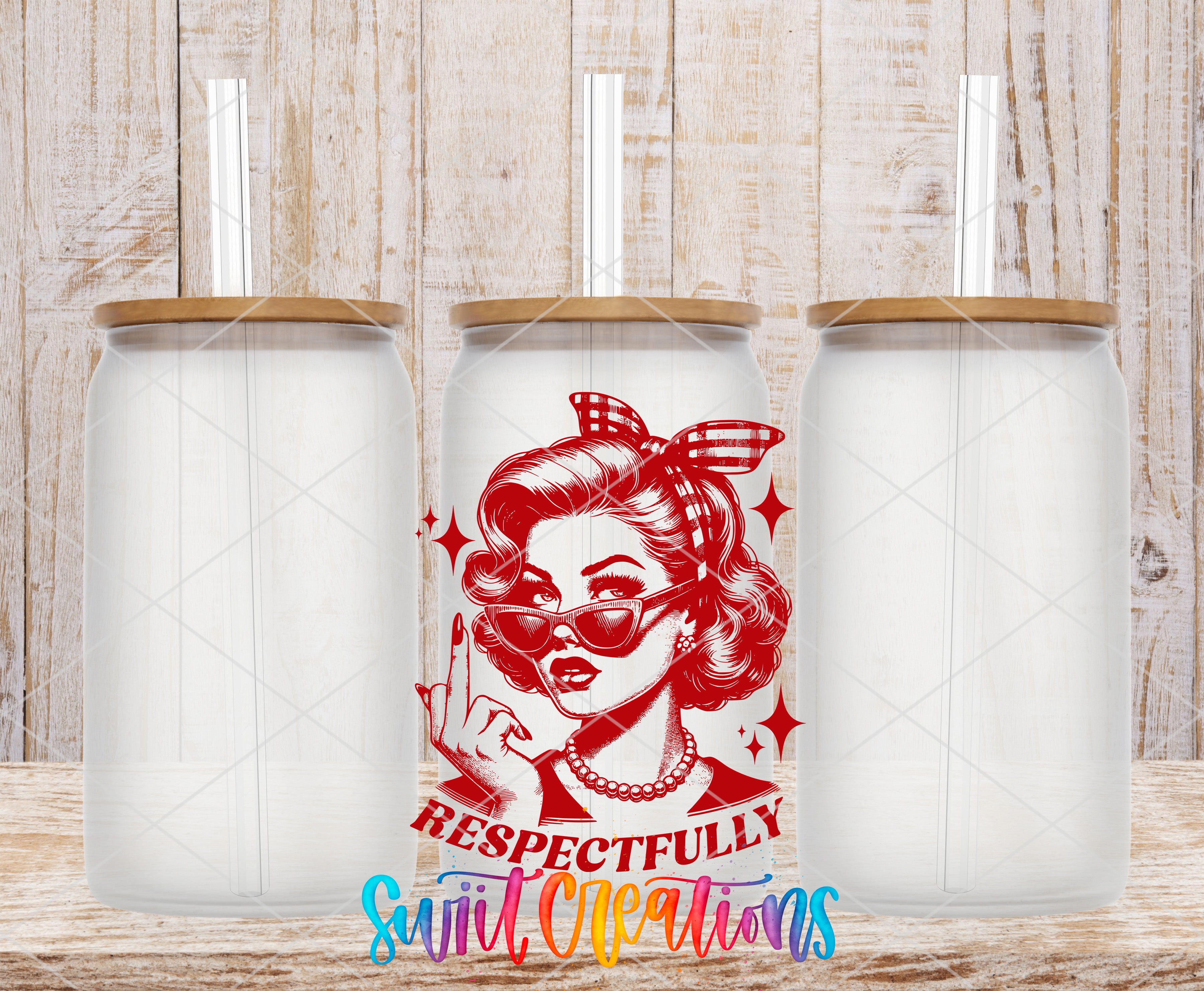 Swiit Creations UV DTF Respectfully Retro Pin Up transfer shown on a clear glass can set