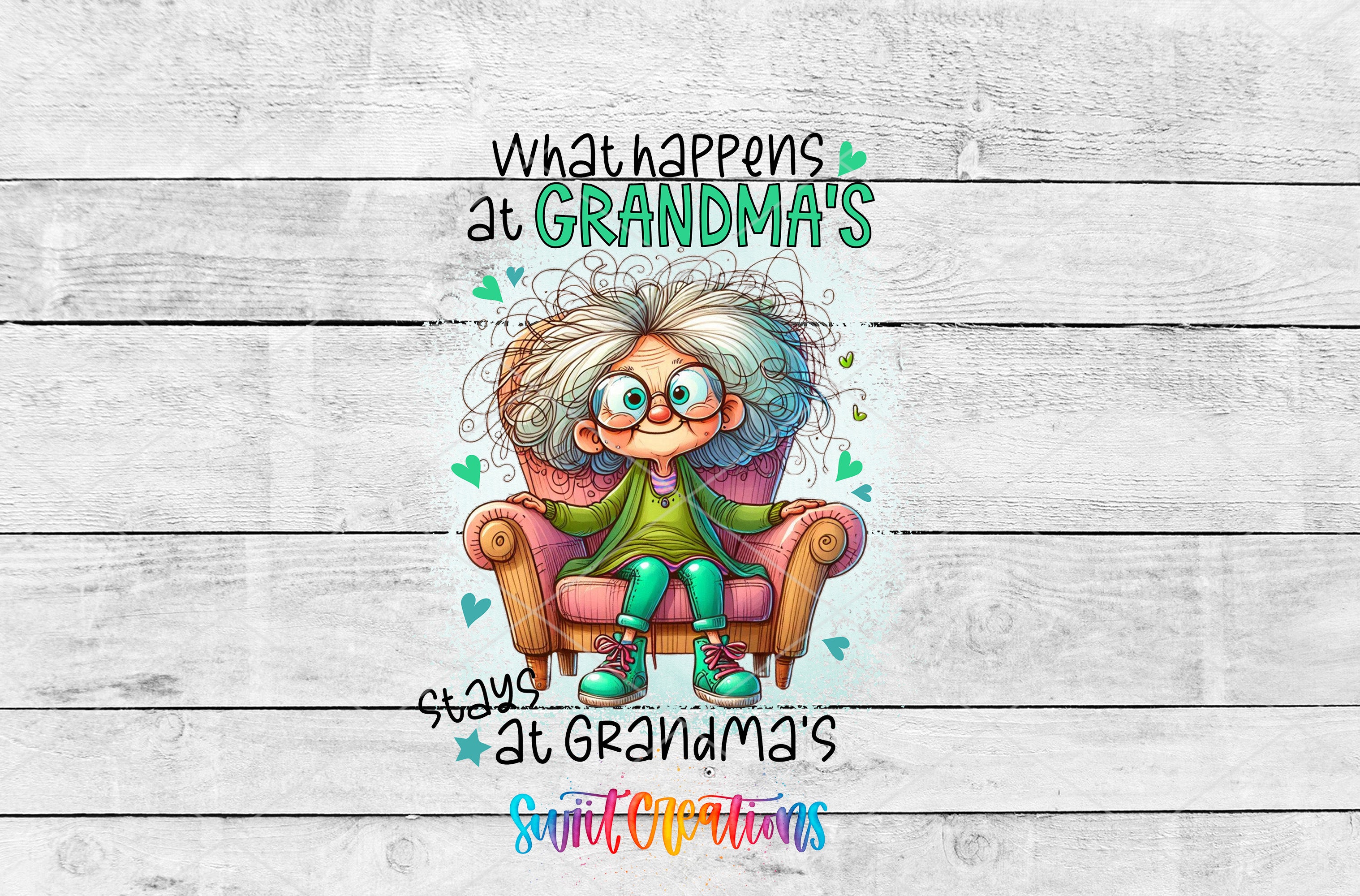 a cartoon illustration of a person sitting in a chair with curly hair and glasses, accompanied by text that reads "What happens at Grandma's stays at Grandma's".