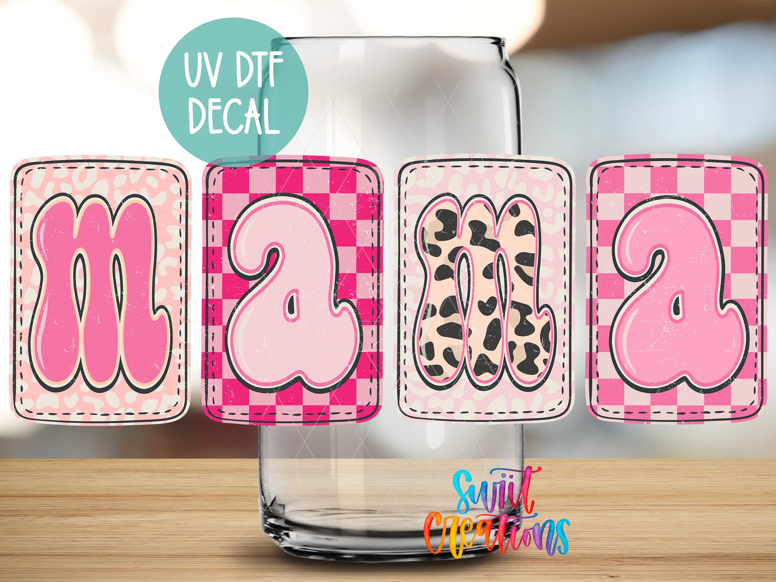 a glass with the word "Mama" written on it in a decorative font, along with other decorative elements such as checkered patterns and pink and white colors.