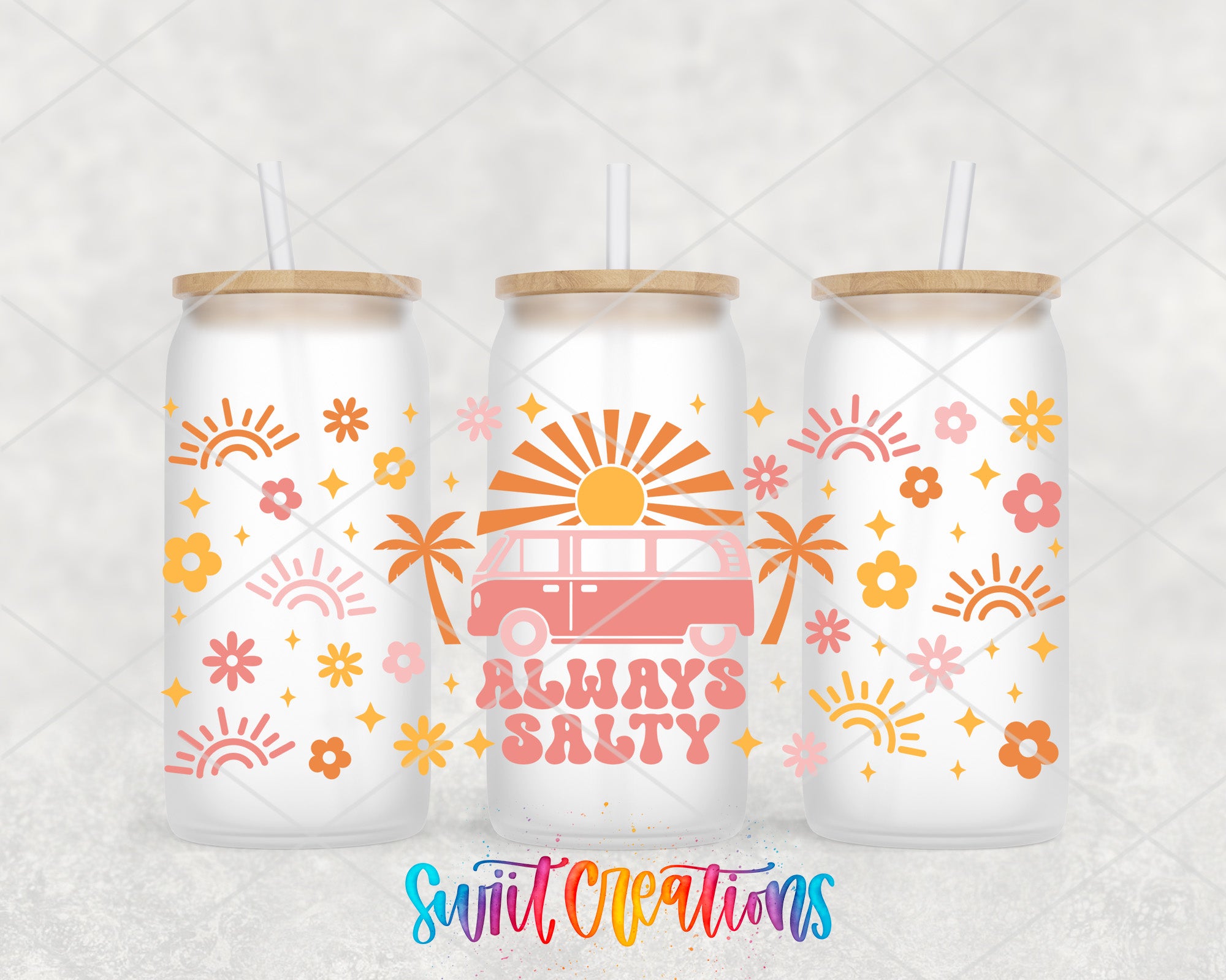 three glass tumblers with colorful designs and text, including a sun and palm tree motif, and the phrase "Always Salty" printed on them.
