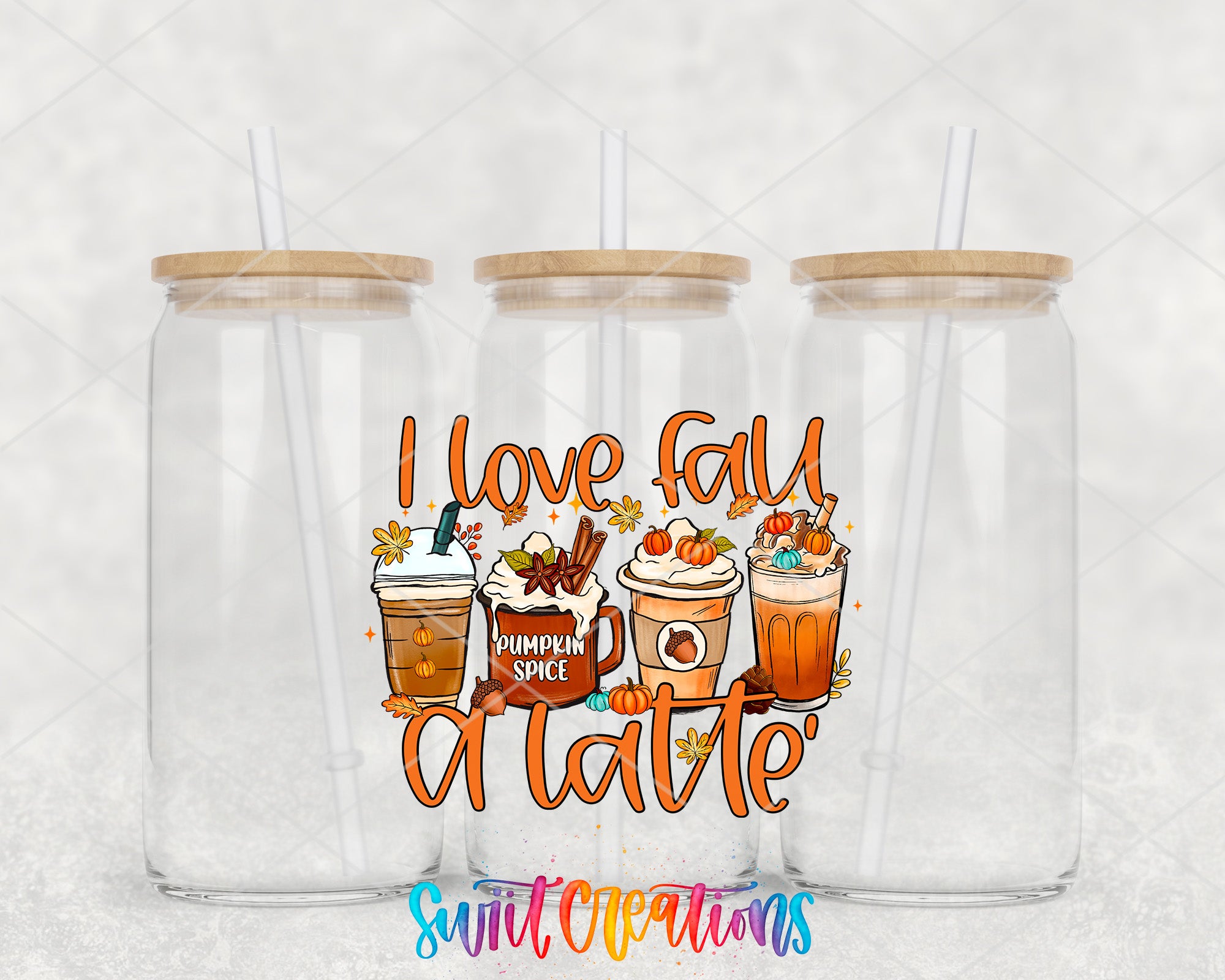 three glass jars with straws, each containing a different type of autumn-themed beverage, such as pumpkin spice, latte, and iced coffee. The jars are arranged in a row, and there is a text overlay that reads "I love fall, a latte" in a colorful, stylized font.
