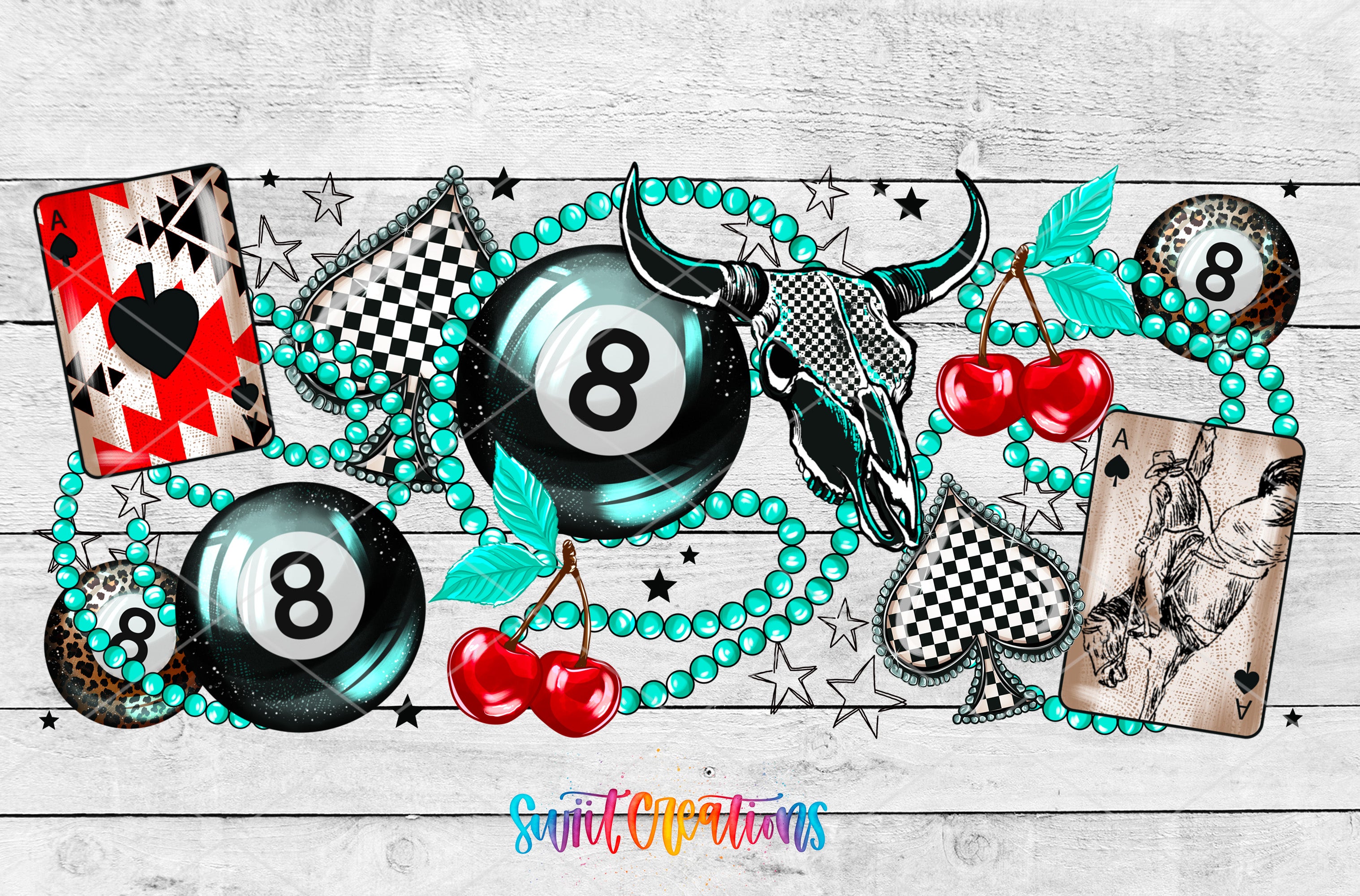 The image is a collage featuring various casino-themed elements, including a skull, billiard balls, beads, cherries, and playing cards.