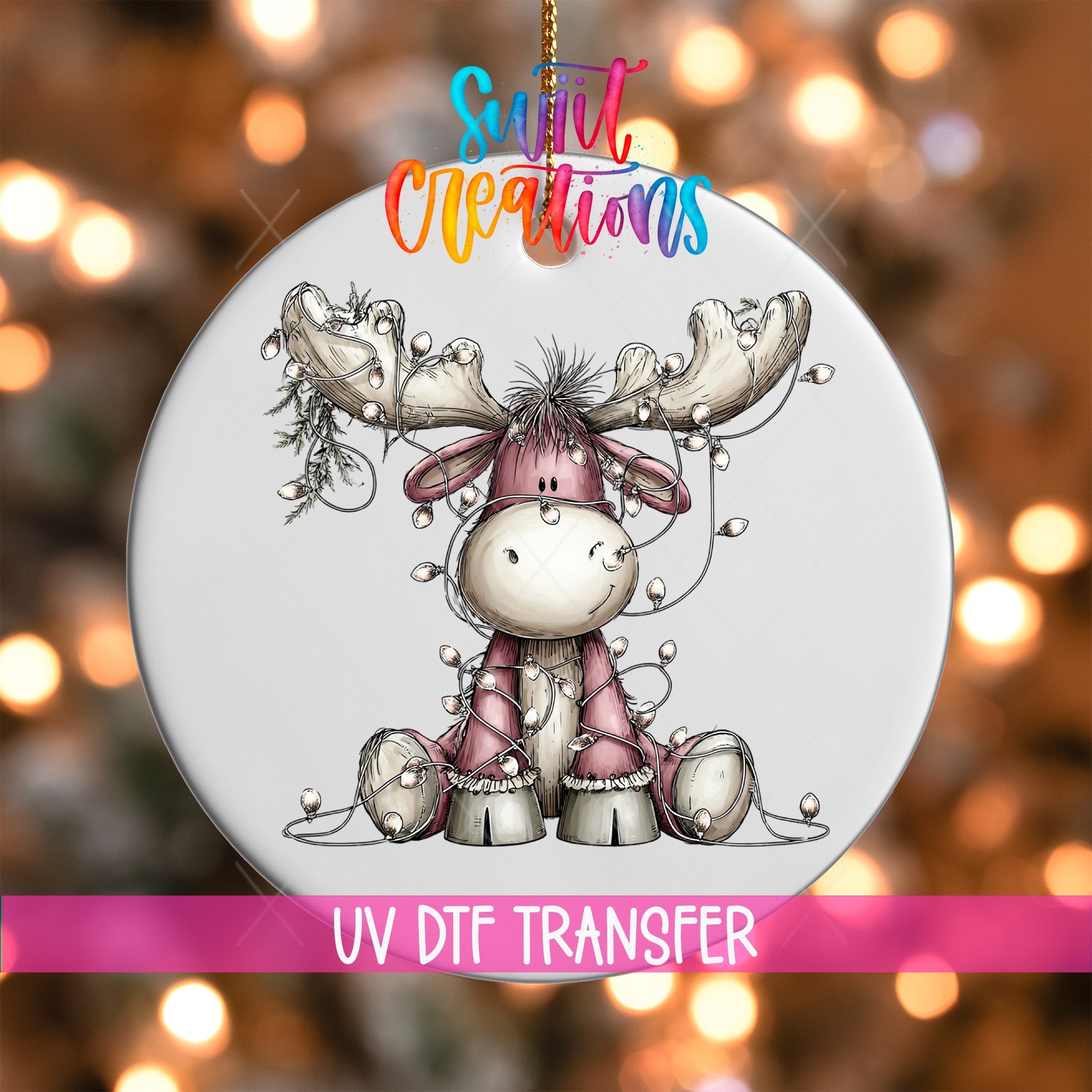 A decorative ornament featuring a cartoon moose with antlers, surrounded by Christmas lights.