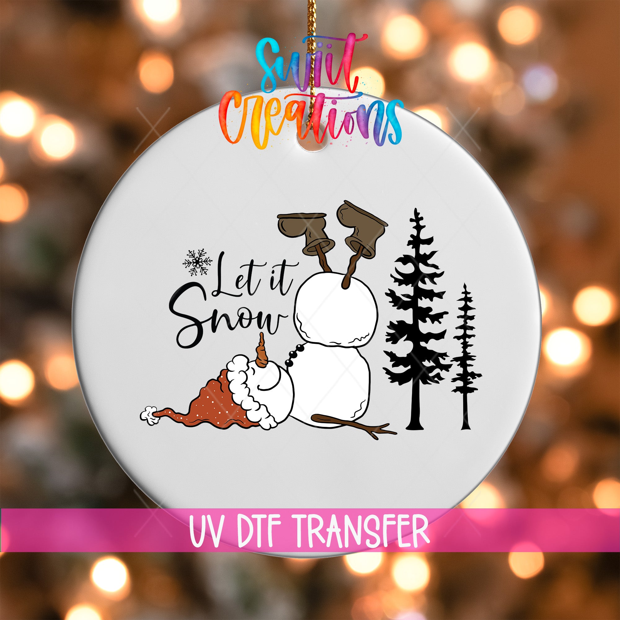 A white ornament with a snowman and a pine tree design, along with the text "Let it Snow" and "UV Dtf Transfer".