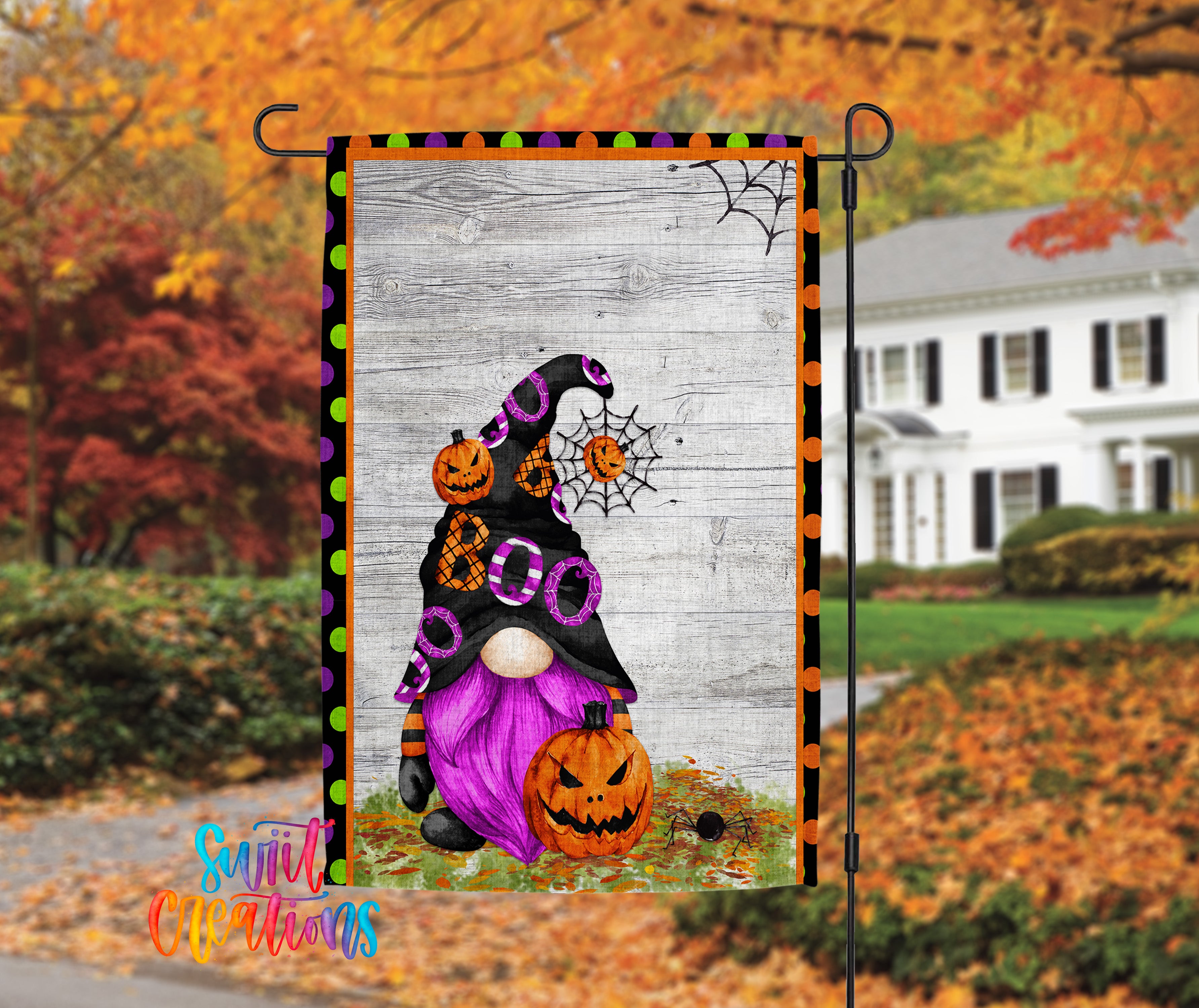 A Halloween-themed banner featuring a purple gnome with a black hat and a pumpkin, set against a backdrop of autumn foliage and a white house.
