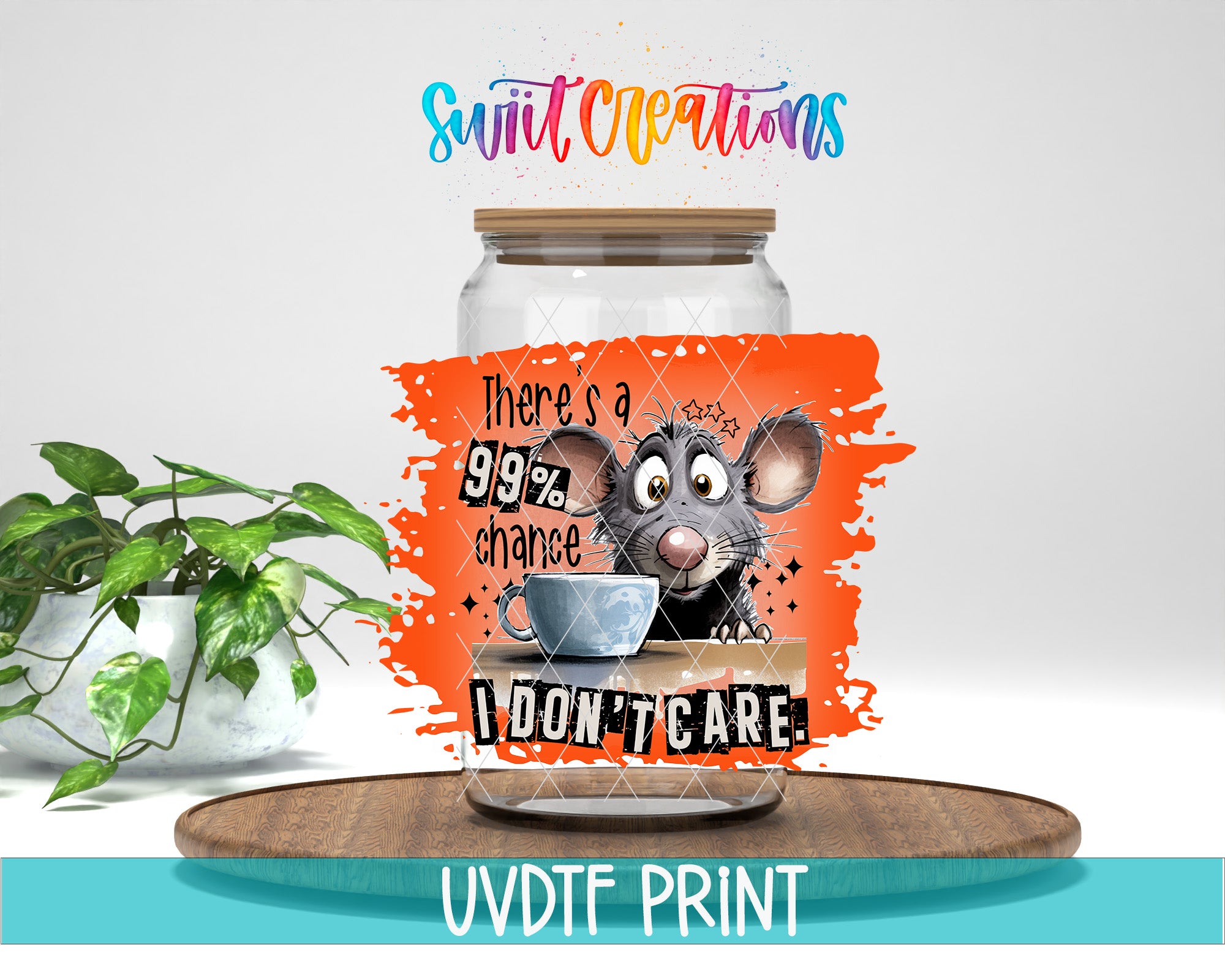 a glass jar with a cartoon mouse on it, along with a colorful and playful design.