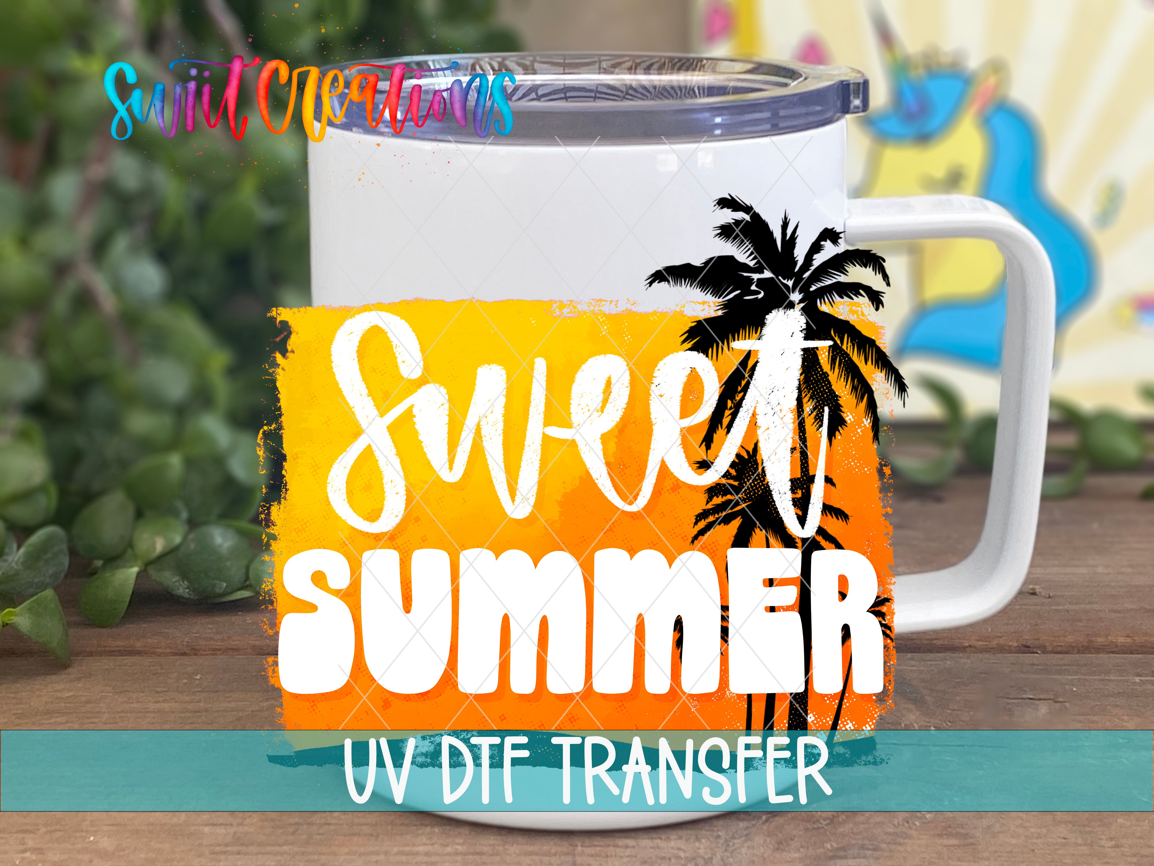 Swiit Creations UV DTF Sweet Summer transfer displayed on a white coffee mug