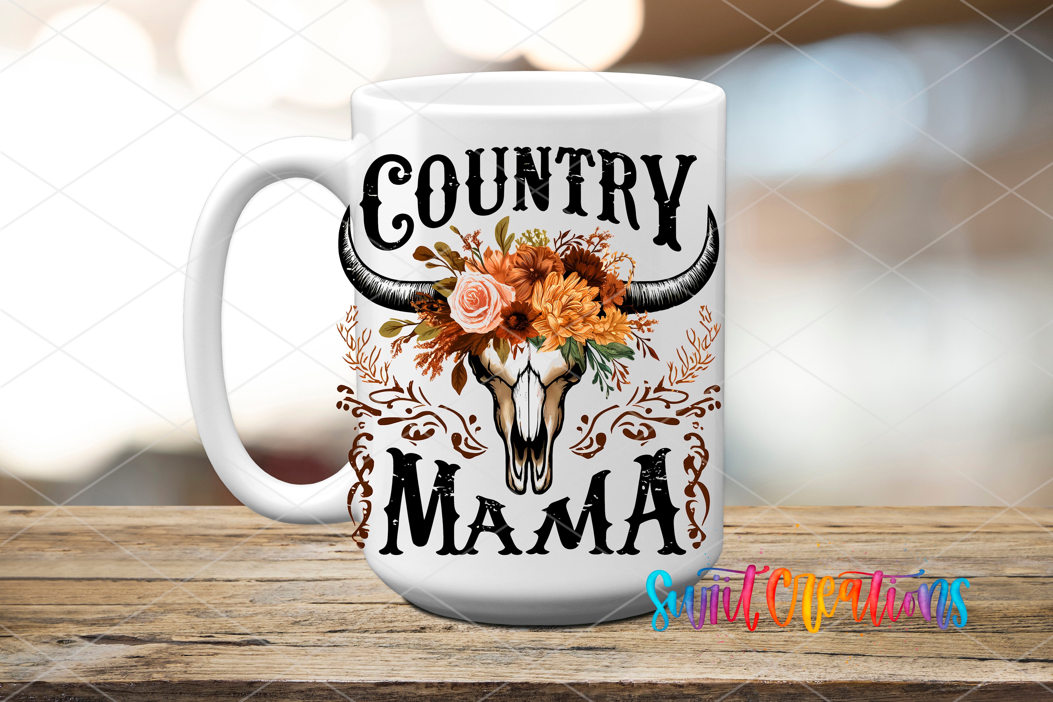 Swiit Creations UV DTF Western Country Mama transfer applied to a white ceramic mug