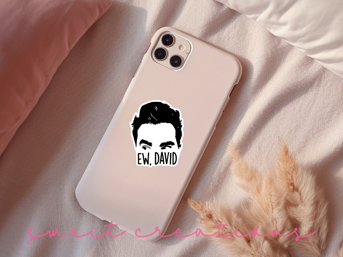 Ew David sticker on a pink phone case