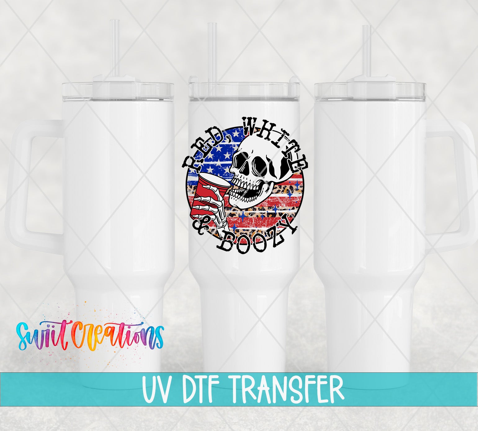 Swiit Creations UV DTF Red White And Boozy Skull transfer shown on a white tumbler set
