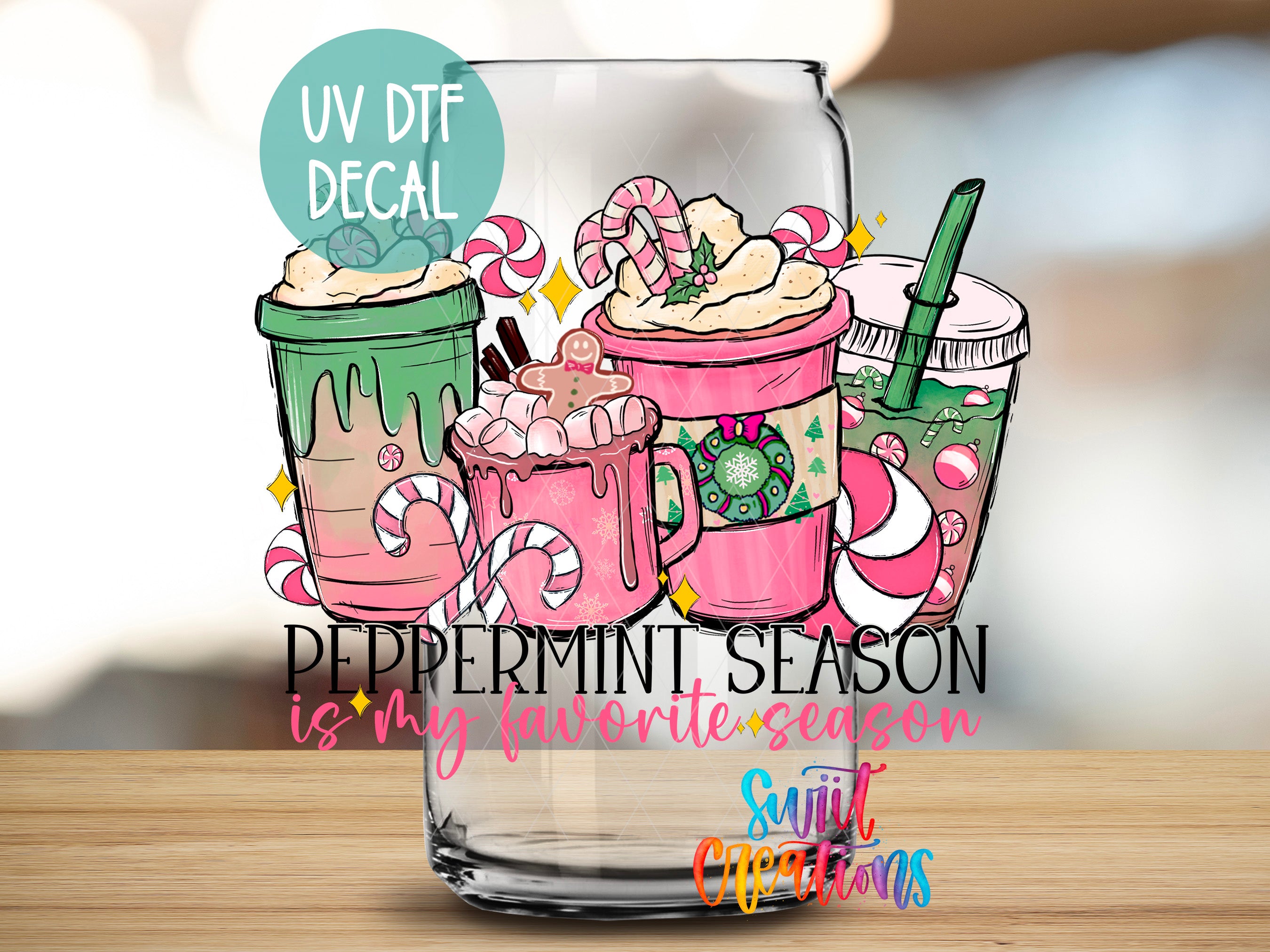 A glass decal featuring colorful illustrations of hot beverages, such as coffee drinks and hot chocolate, along with candy canes and other festive decorations, promoting the "Peppermint Season is my favorite season" and "Sunlit Christmas" theme.