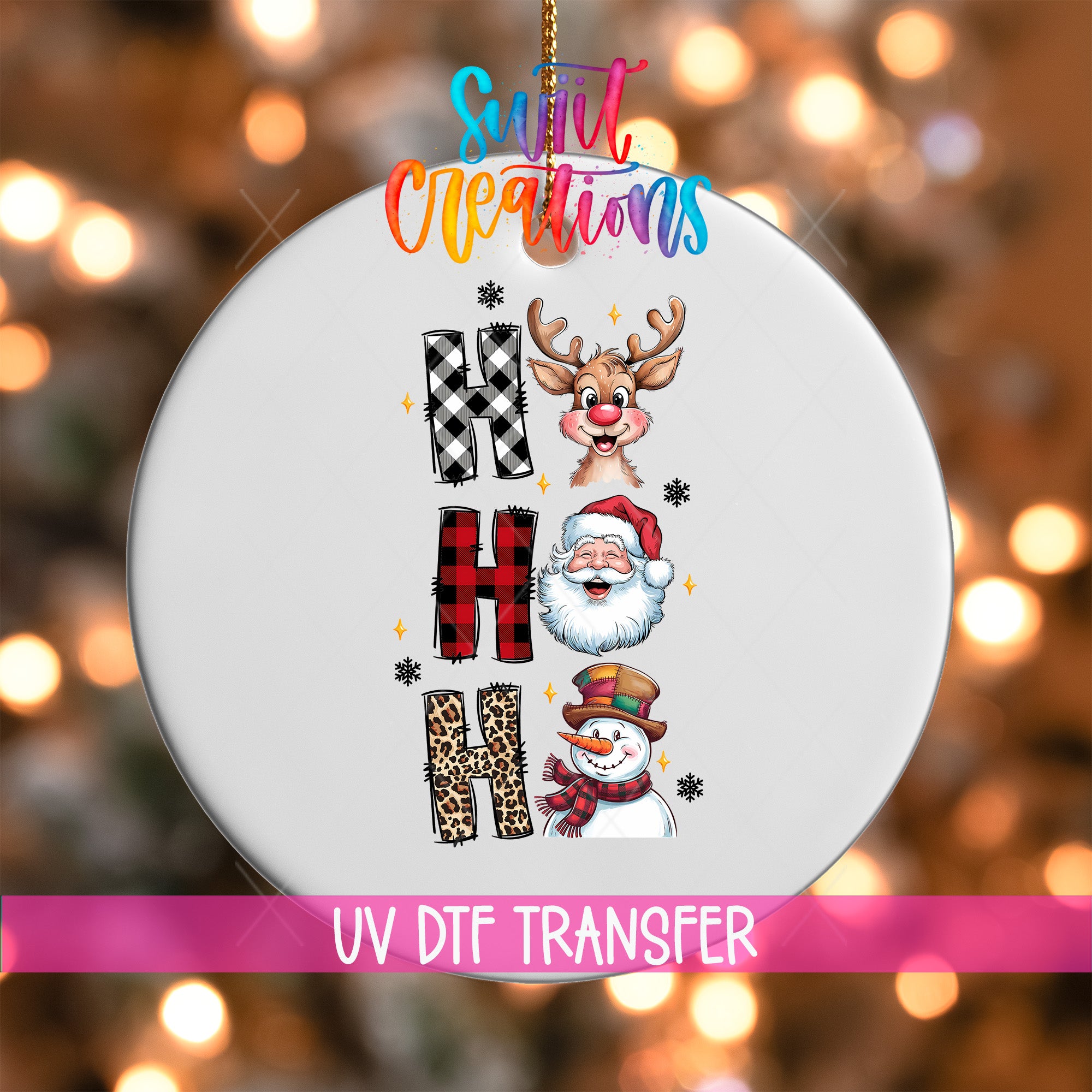 A white ceramic ornament with a colorful design featuring a reindeer, Santa Claus, and a snowman.