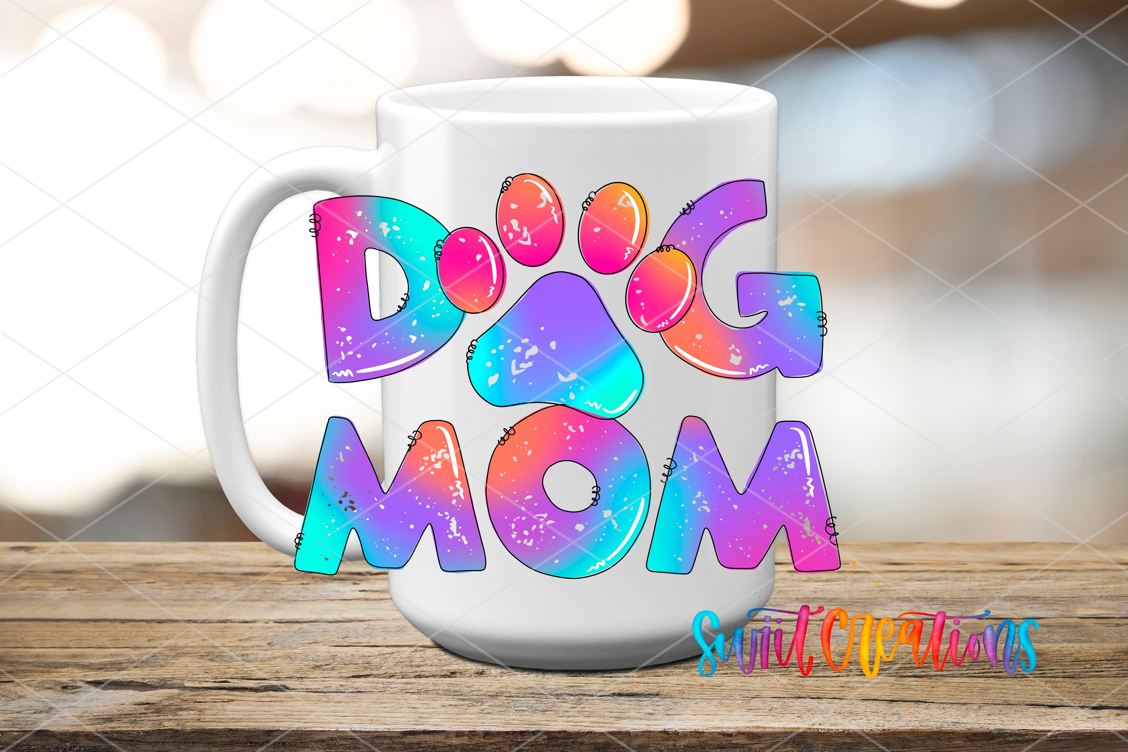 Swiit Creations UV DTF Fur Mama Dog Mom Tie Dye transfer applied to a white ceramic mug