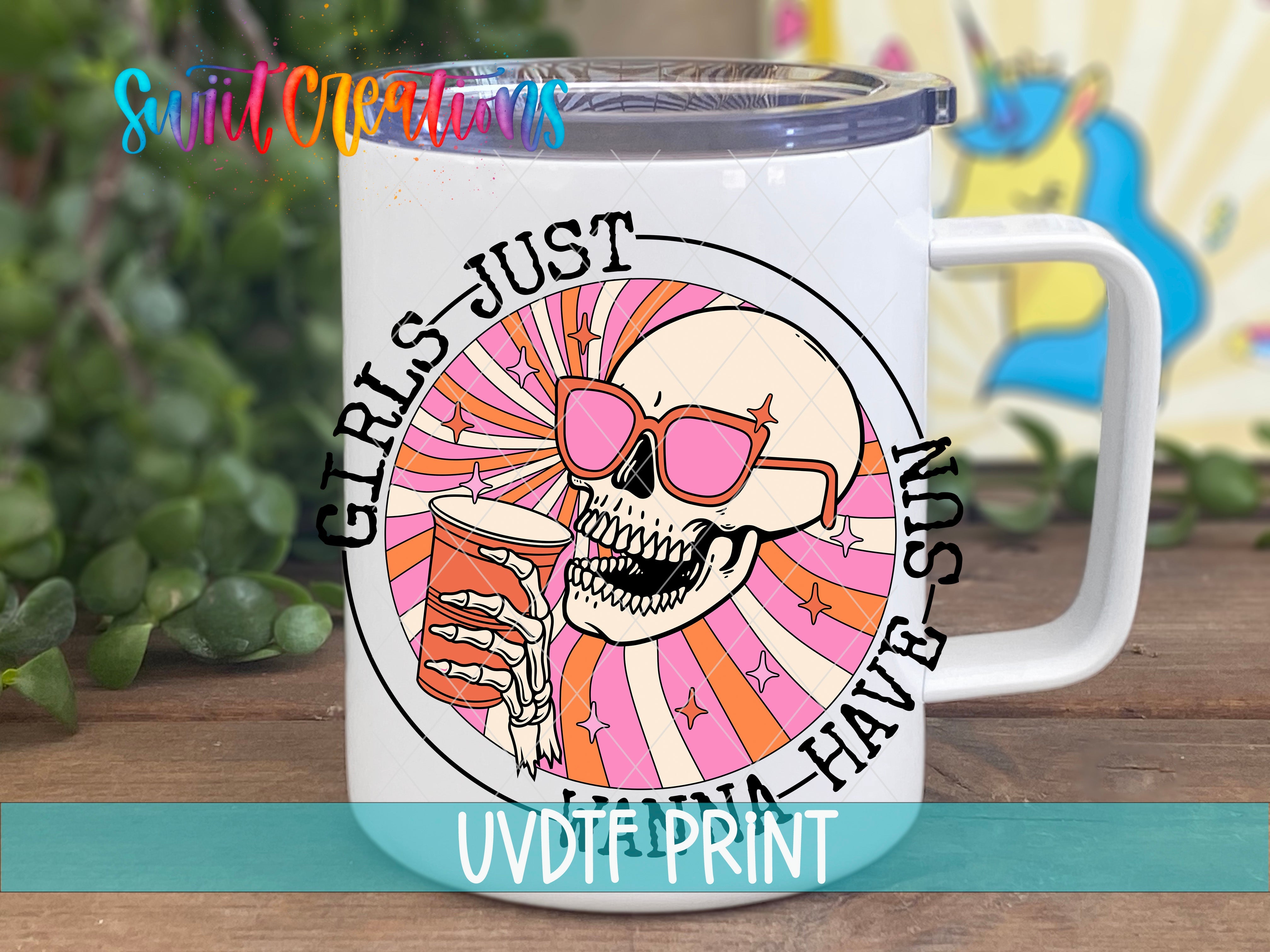 a white coffee mug with a skull holding a drink