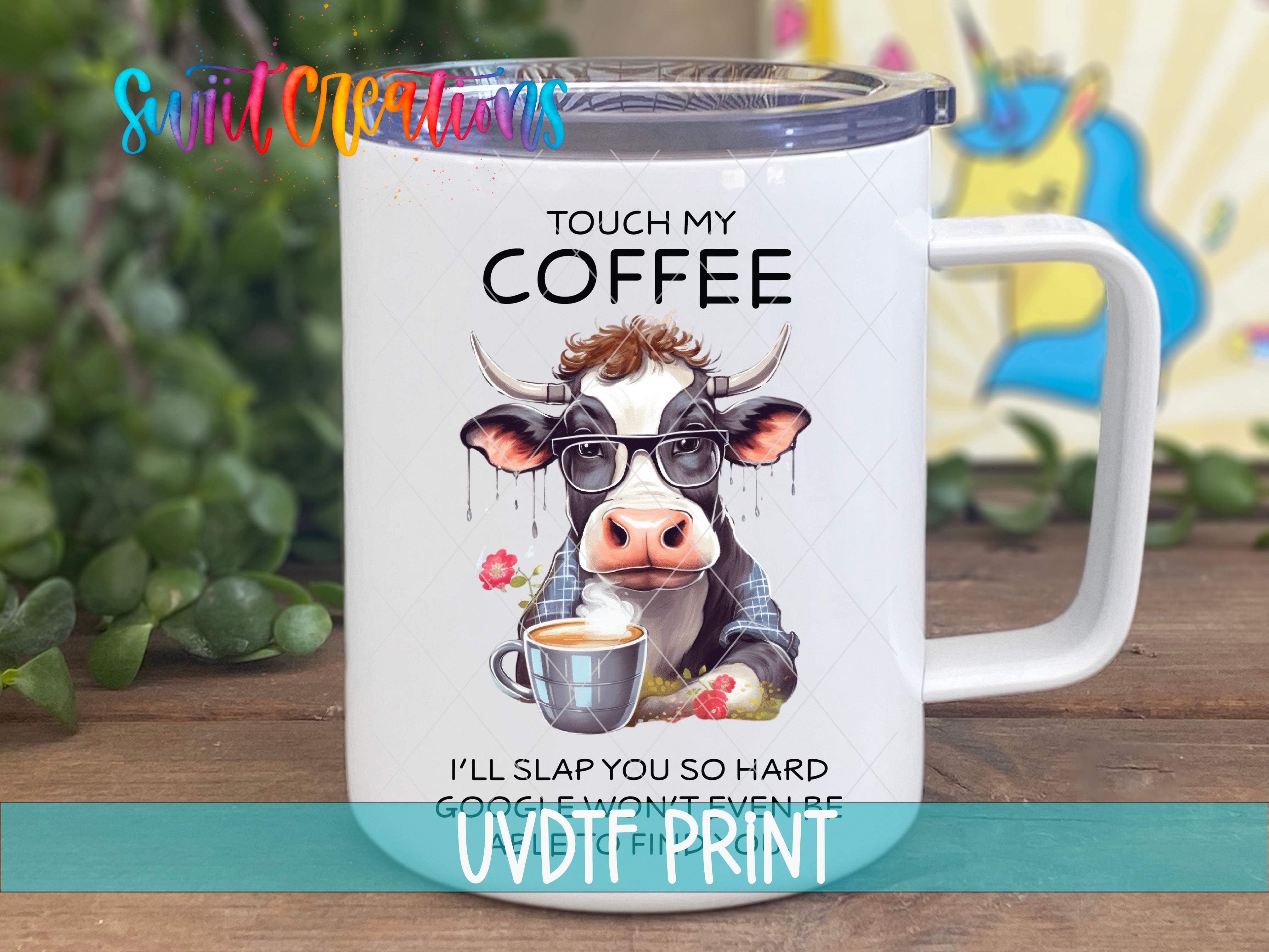 a coffee mug with a cow wearing glasses