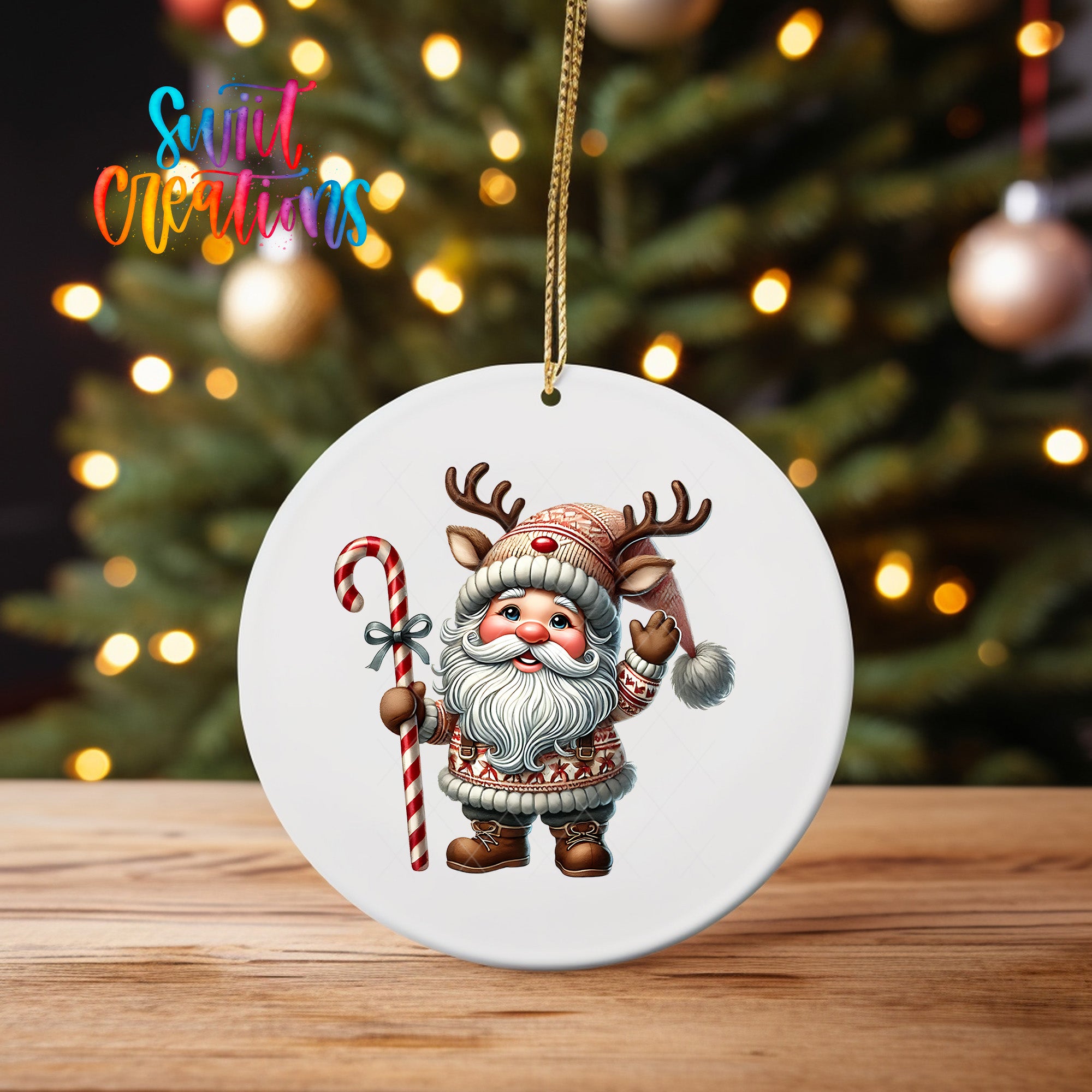 A white ornament featuring a cartoon Santa Claus character holding a candy cane and waving.