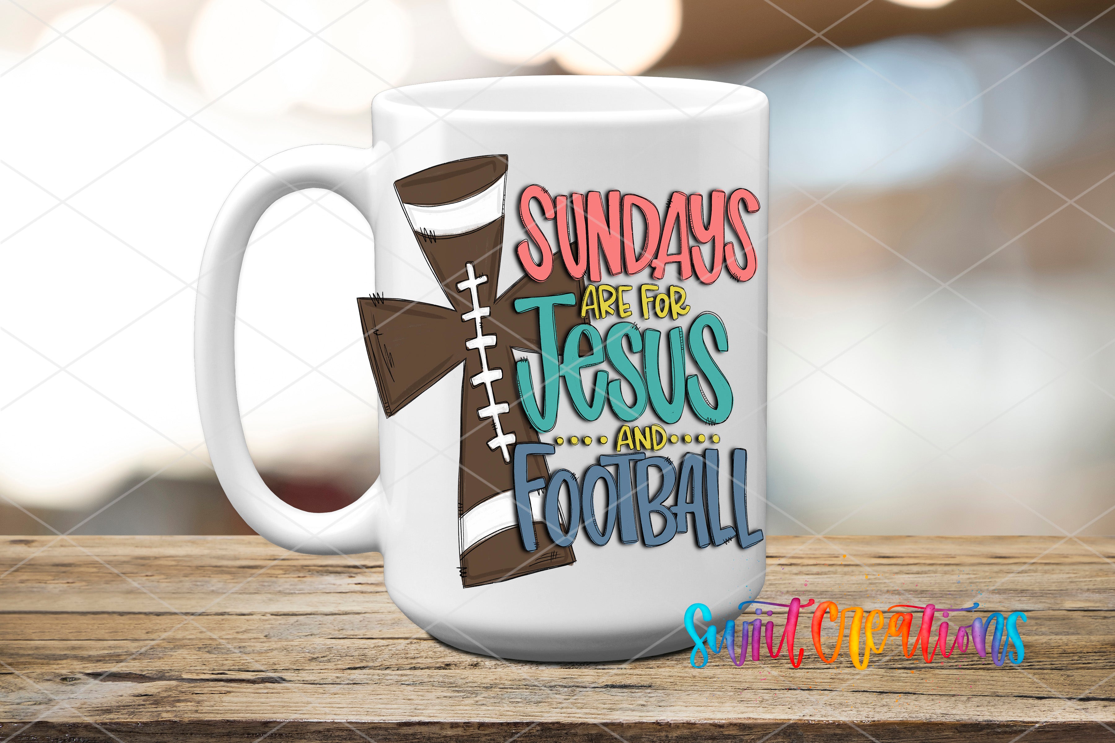 Swiit Creations UV DTF Sundays Are for Jesus and Football transfer applied to a white ceramic mug