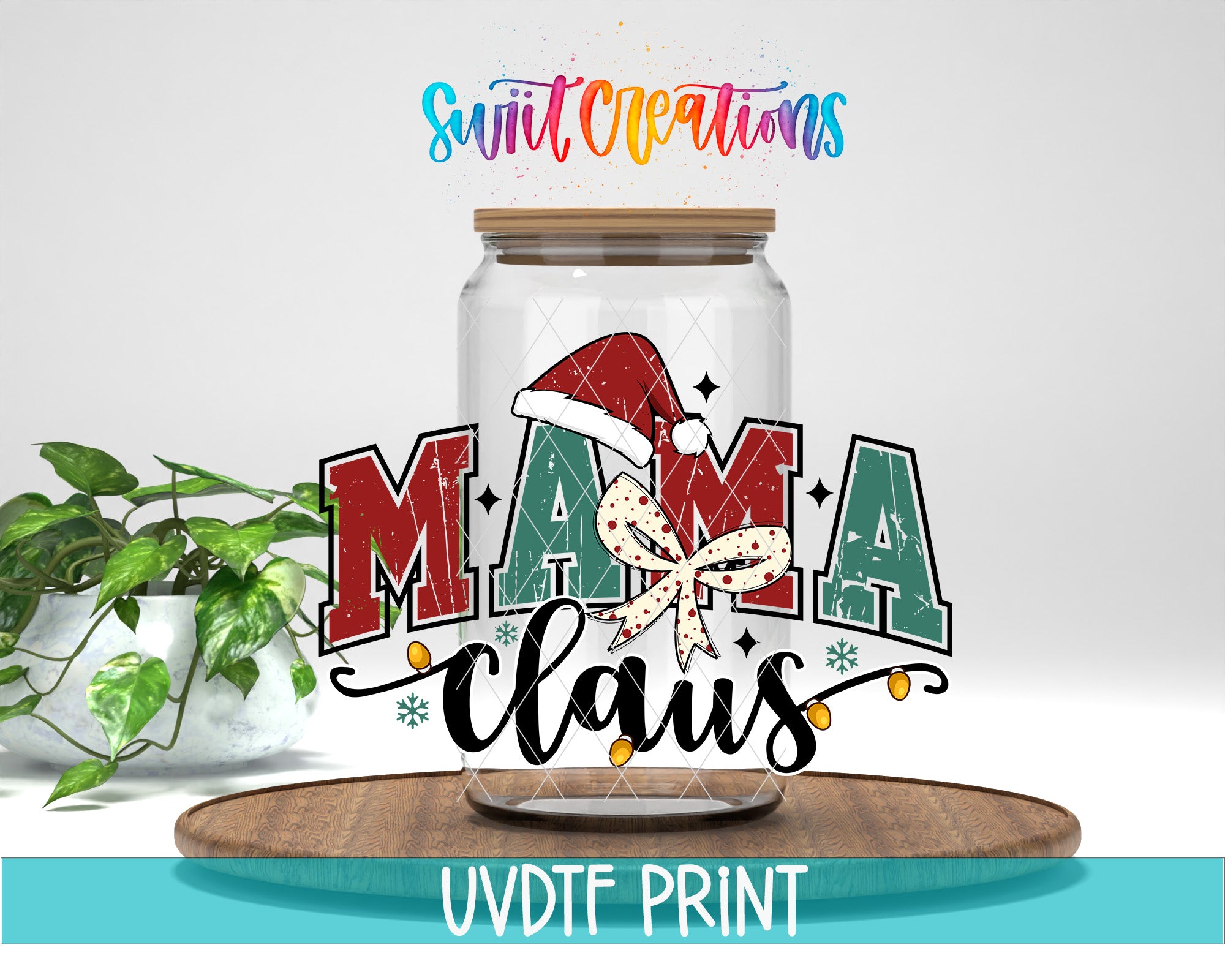 a glass jar with a santa hat on top of it