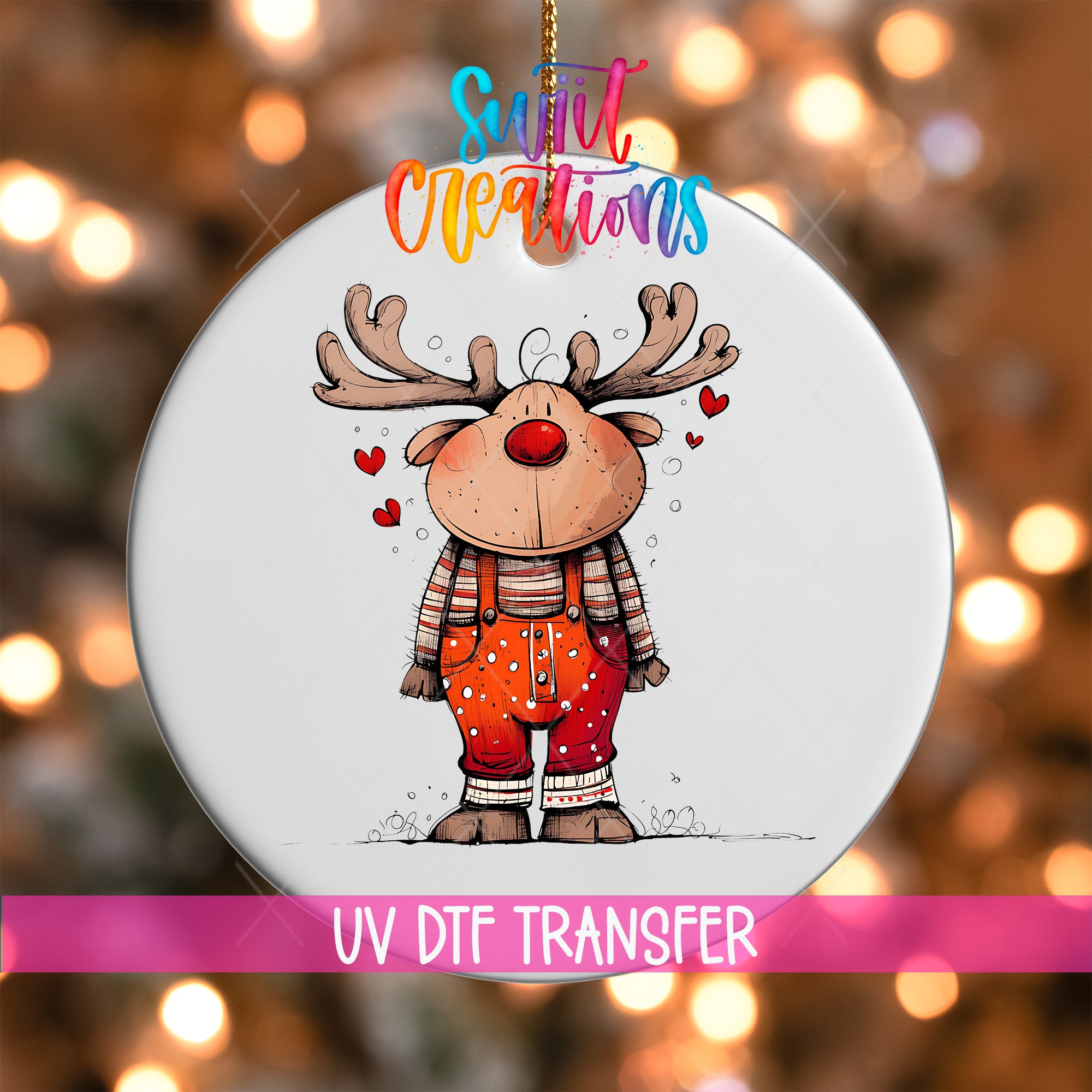 A white ornament with a cartoon reindeer wearing a red and white striped shirt and overalls, surrounded by hearts.