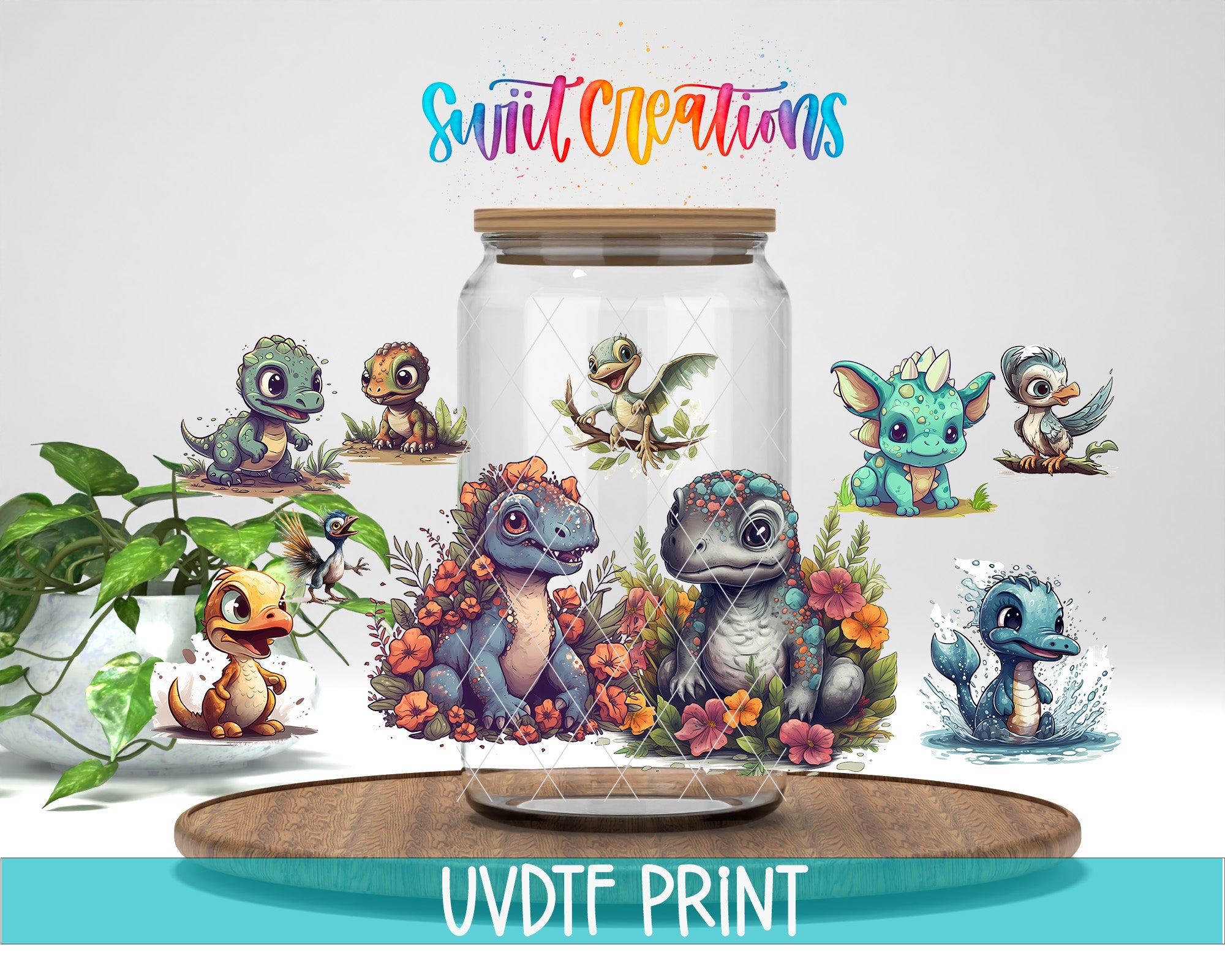 The image is a collage featuring various cartoon-style animals, including a dragon, a bird, and a snake, surrounded by flowers and plants. The text "Swift Creations" is written above the collage, and "UVDF PRINT" is written at the bottom of the image.