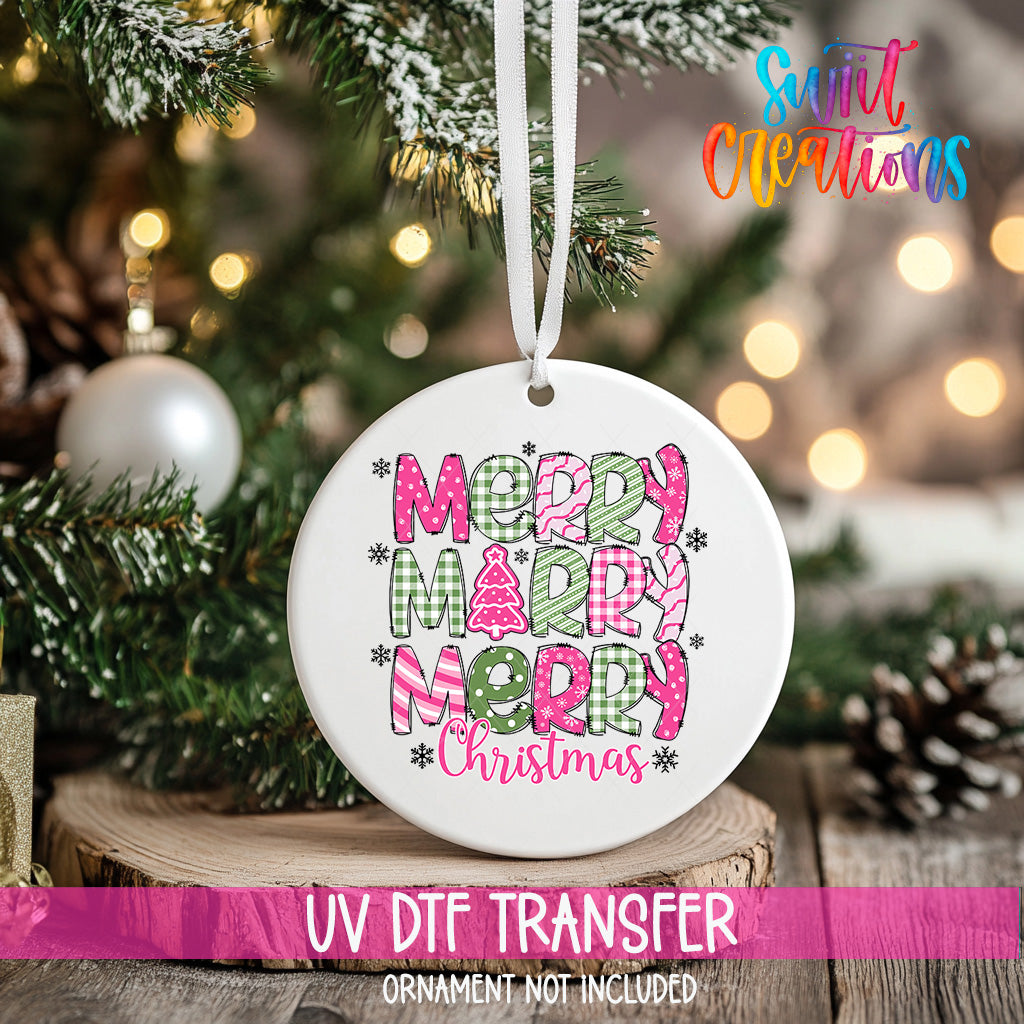 A white Christmas ornament with the text "Merry Merry Merry Christmas" printed on it, hanging on a Christmas tree.