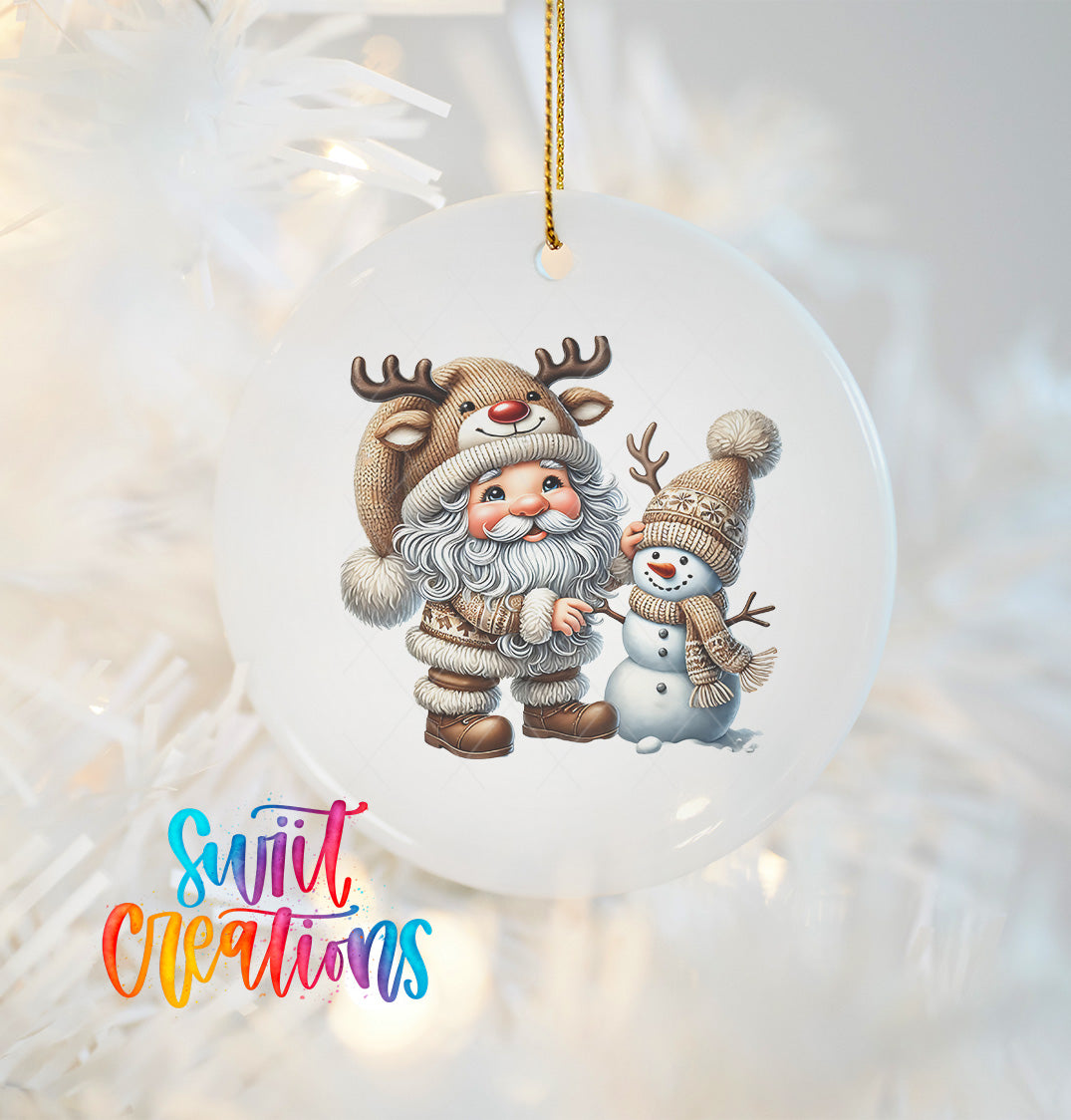 A white ornament featuring Santa Claus and a snowman, with Santa's antlers and a carrot in his hand.