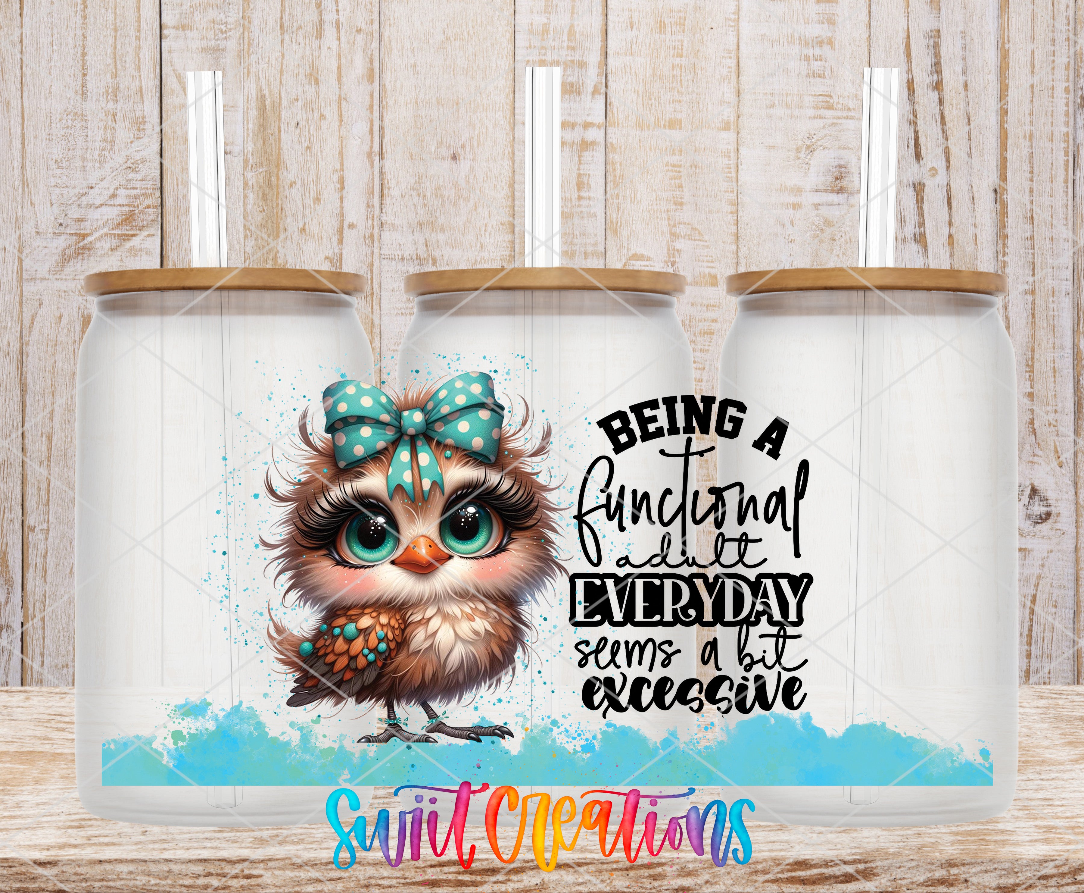 A cartoon owl wearing a bow tie and surrounded by splashes of blue and green colors, with a text overlay that reads "Being a functional adult everyday seems a bit excessive".