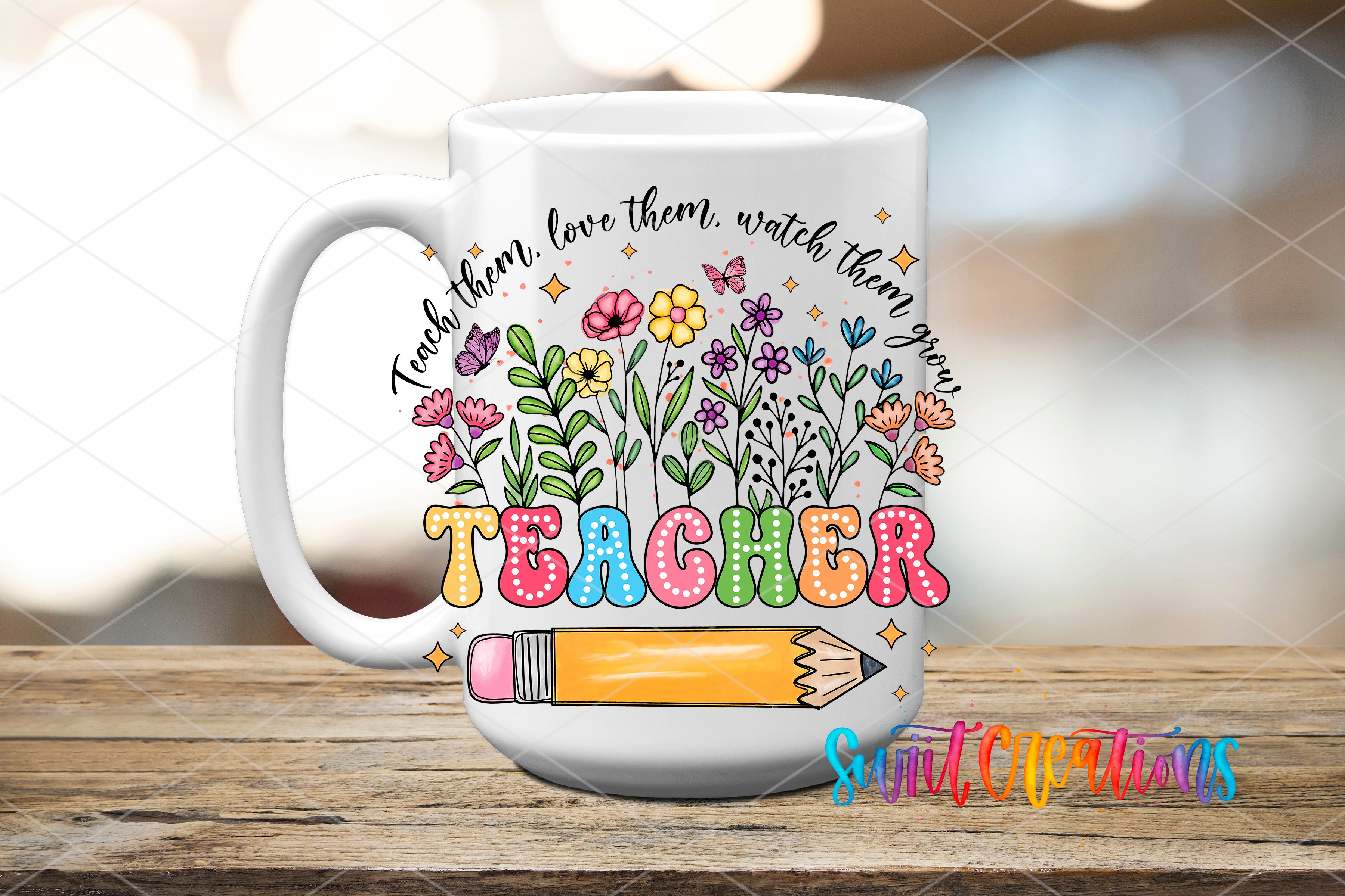 Swiit Creations UV DTF Colorful Floral Teacher transfer applied to a white ceramic mug