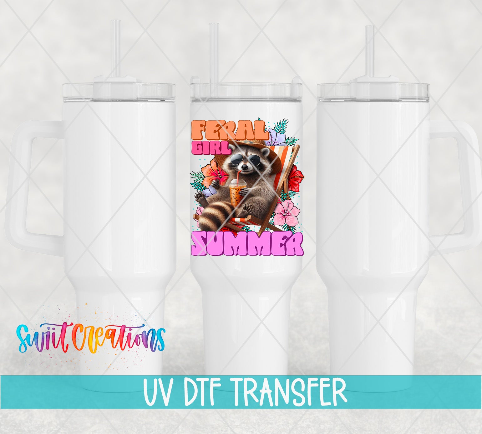 Swiit Creations UV DTF Feral Girl Summer transfer shown on a white tumbler set