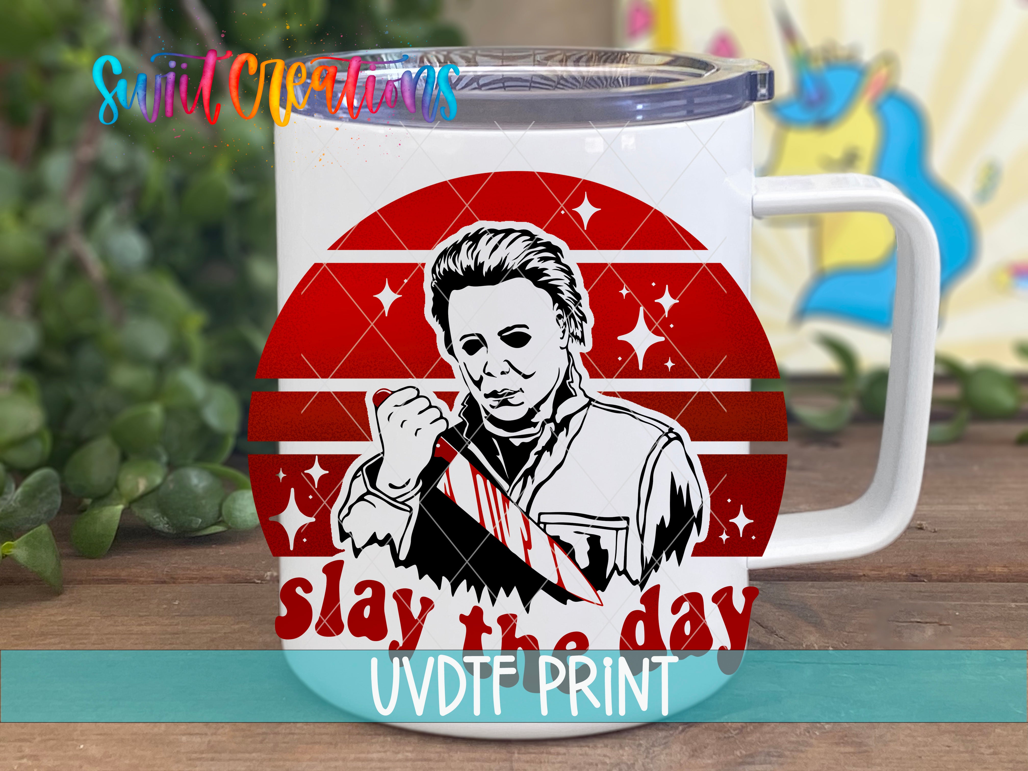 a white coffee mug with a picture of a man on it