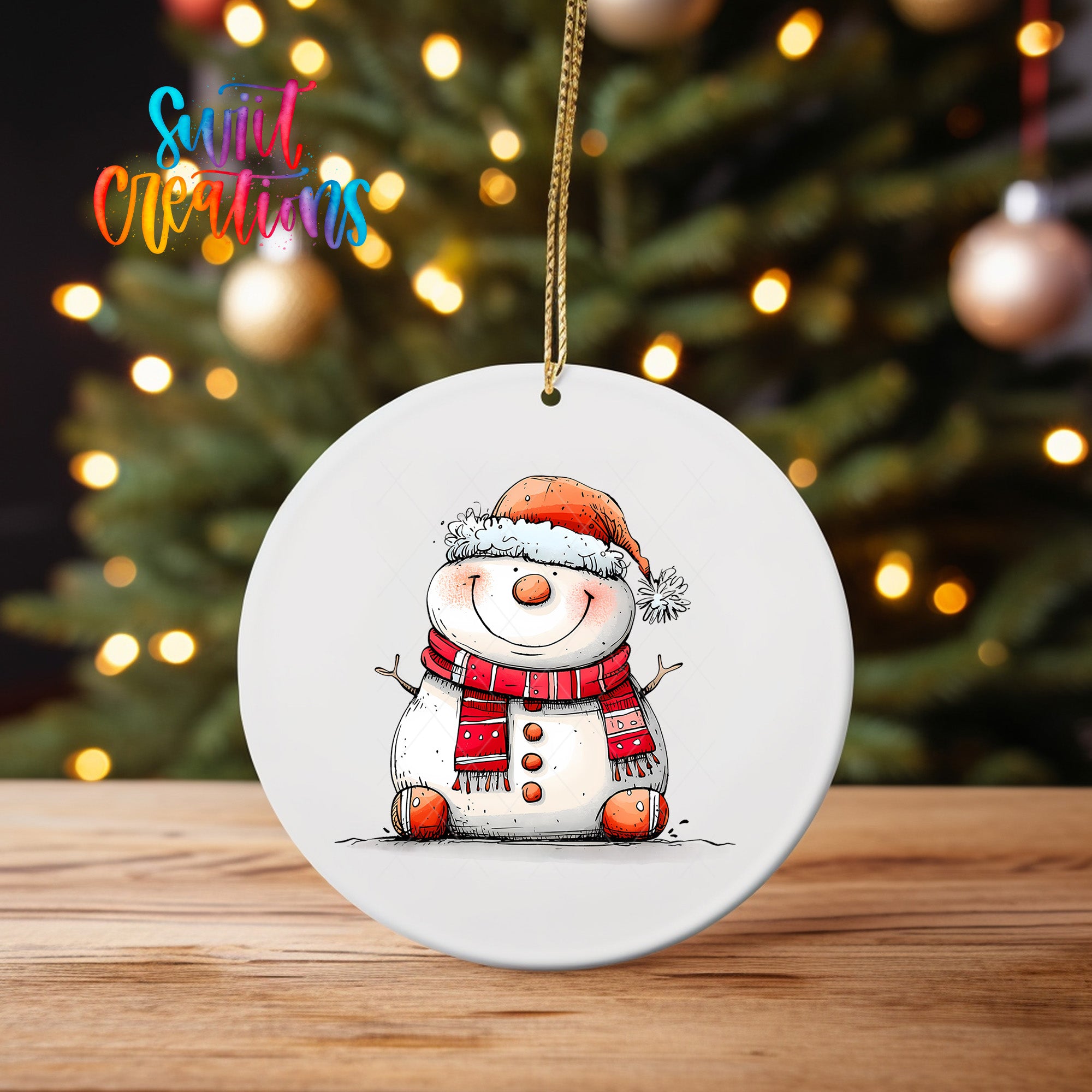A white ceramic ornament featuring a smiling snowman wearing a red scarf and hat, sitting on a wooden surface with a blurred background of a Christmas tree and twinkling lights.
