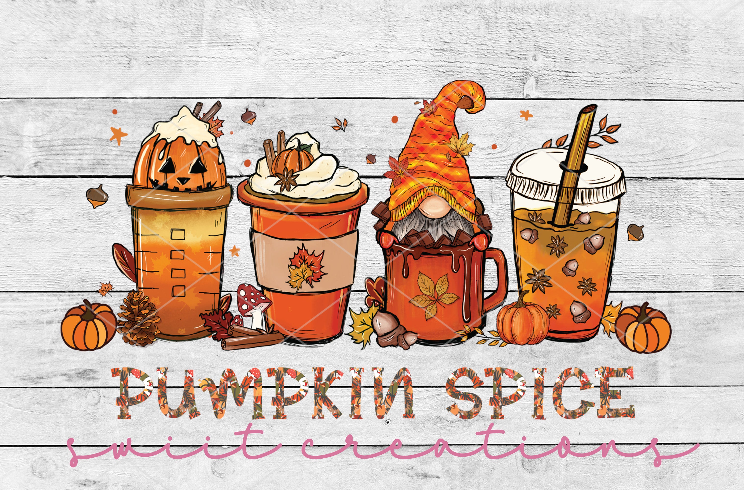 a wooden background with pumpkin spice and pumpkins