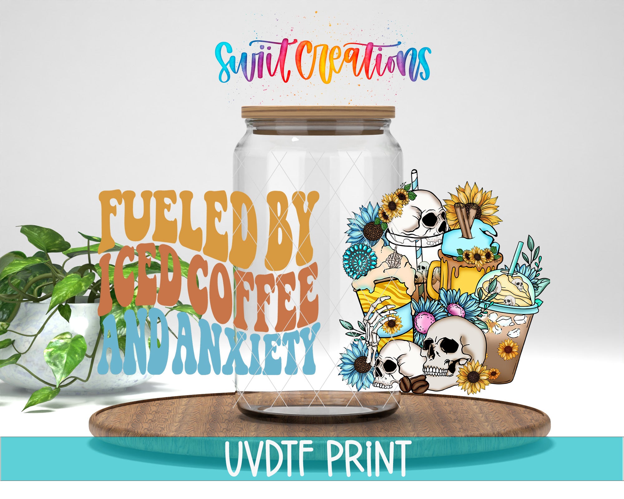The image is a colorful and whimsical advertisement featuring a glass jar with a lid, surrounded by various illustrations such as skulls, flowers, and a coffee cup. The text "Swift Creations" is written in a stylized font, and the phrase "Fuelled by Iced Coffee and Anxiety" is written in a playful, colorful font. The image also includes a plant and a wooden tray, adding to the overall visual appeal.